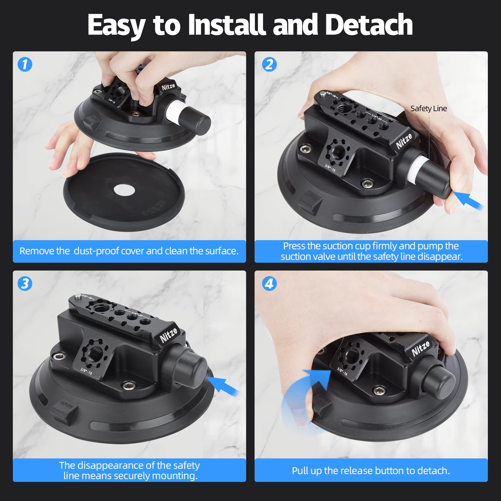 Nitze Support Ventouse pour Caméra 4.5", Support Ventouse pour Caméra de Voiture avec Plusieurs Points de Montage sur Fenêtre de Voiture, Pare-Brise pour DJI OSMO, GoPro Hero, Nikon, Sony - N48-A45