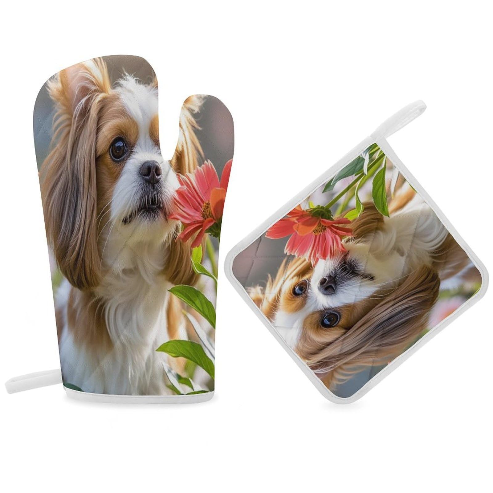 Shih Tzu Dog and Flowers Oven Mitt Gloves and Heat Insulation Pads Double-Layer Thickened Heat Insulation Mitt Temperature Oven Gloves for Cooking Baking Grilling