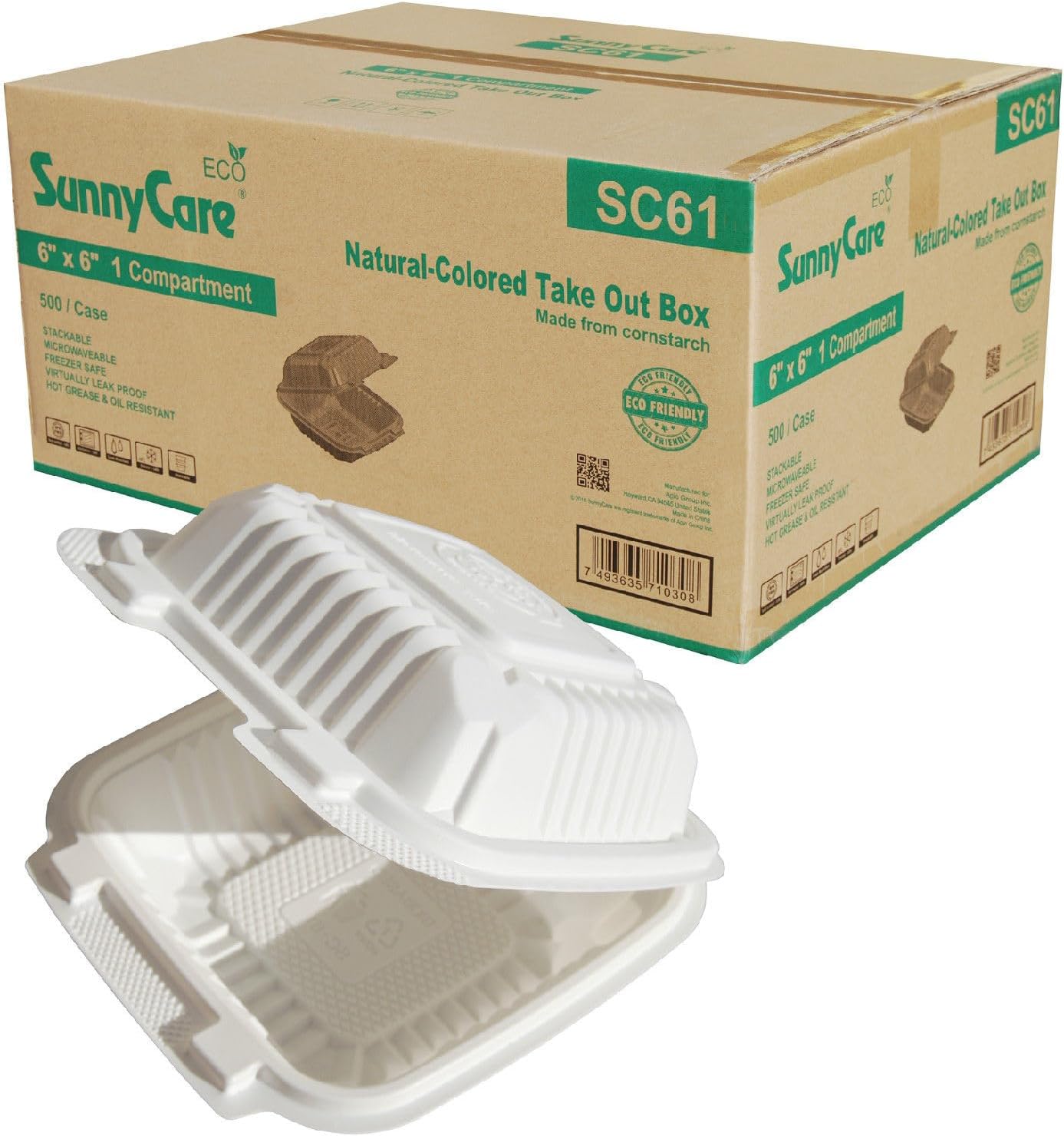 SunnyCare Compostable Takeout Containers, 6x6 Inch, 1 Compartment Clamshell Food Boxes, Sugarcane Bagasse, 500 Pack