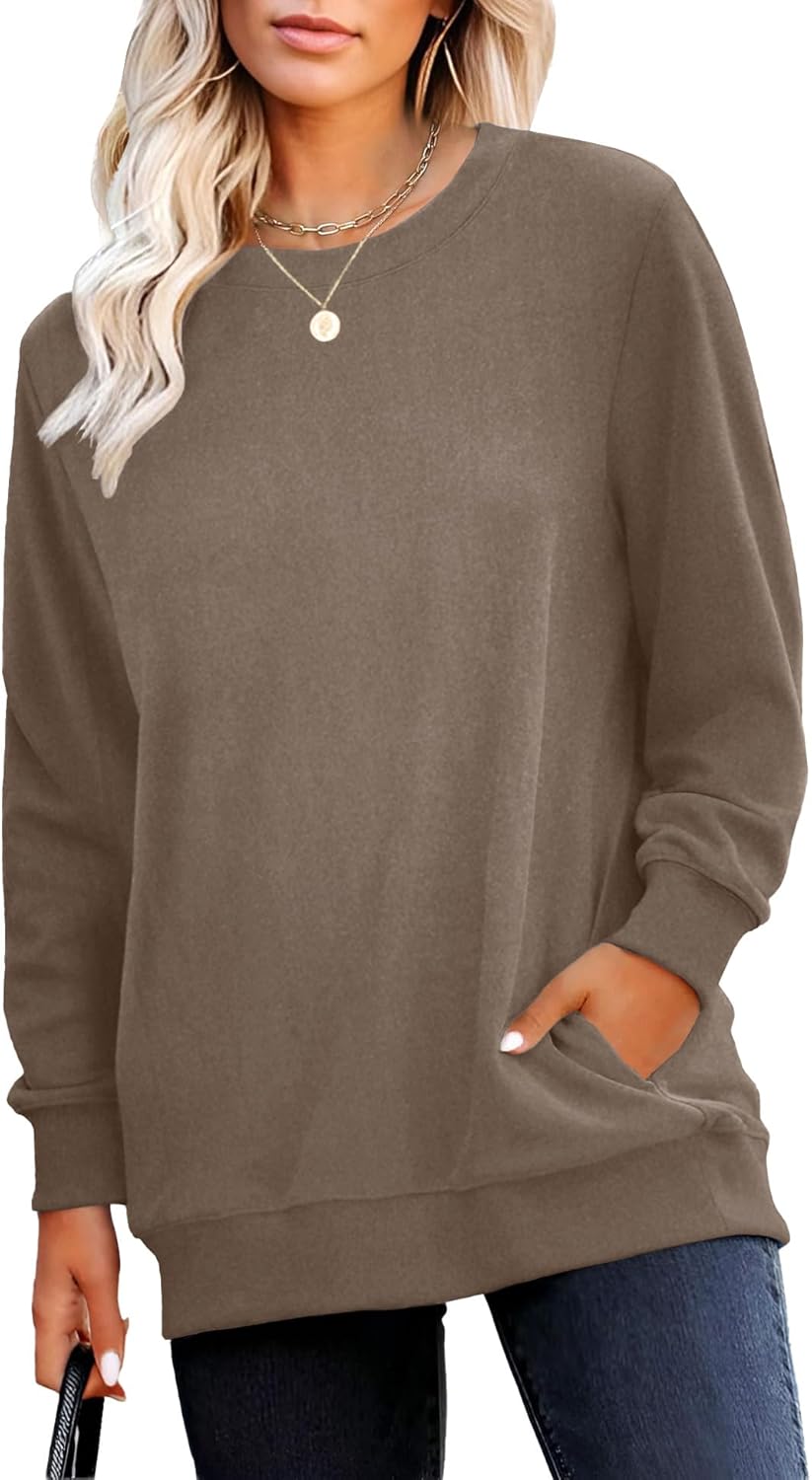 RUMIA Crewneck Fall Sweatshirts for Women Trendy- Women’s Plain Long Sleeve Pullover Tops with Pockets Fashion