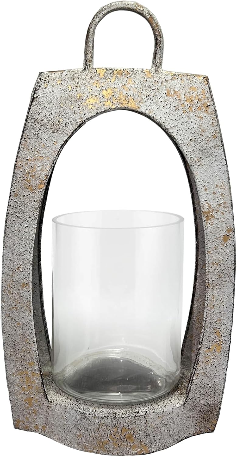 15" Twakutwaku Versatile Farmhouse Arch Metal Lantern in Rustic Brown with Handmade Thick Glass Candle Holder for Pillars & Plants, Hurricane Lantern, Glass Candlestick Holder, Glass Vase, Garden