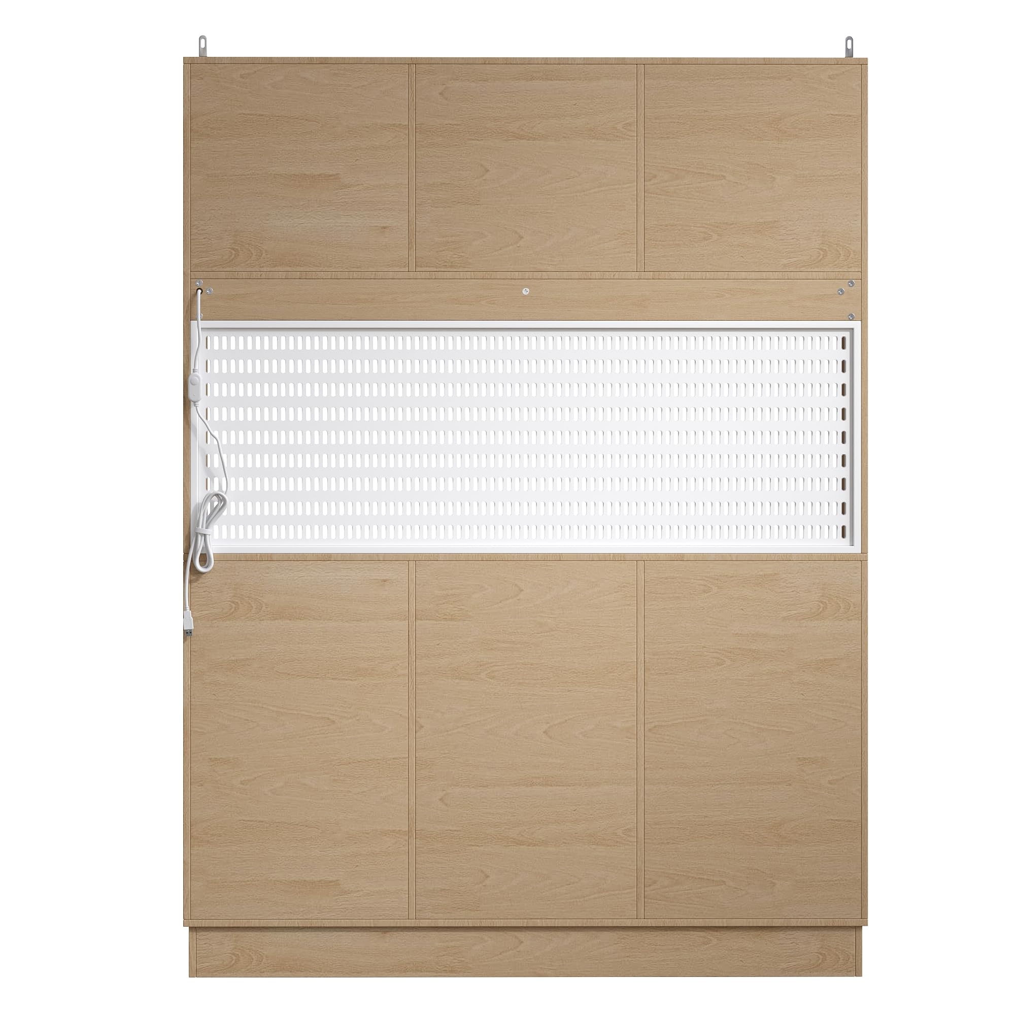 REXO Armadio alto moderno con illuminazione a LED intelligente, armadietto da cucina, armadietto laterale con portabottiglie e protezione antiribaltamento, ripiani da incasso regolabili, bianco