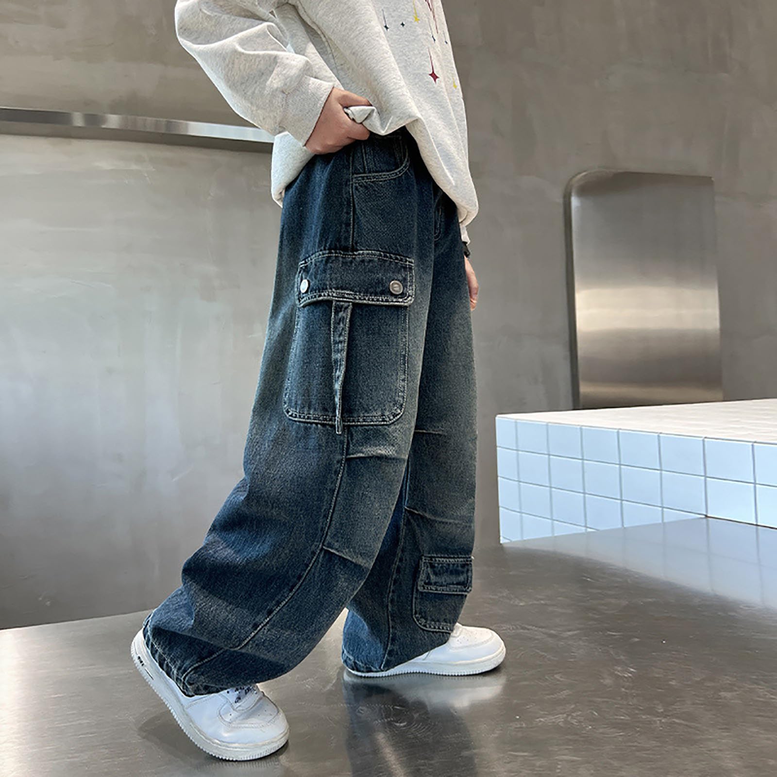 Pantalones Vaqueros Cargo de Pierna Ancha Holgados para Niños Denim con Efecto Lavado Desgastado Multibolsillos Laterales Amplios Urbana Juvenil Paseos y Reuniones Infantiles Disponible en Tallas