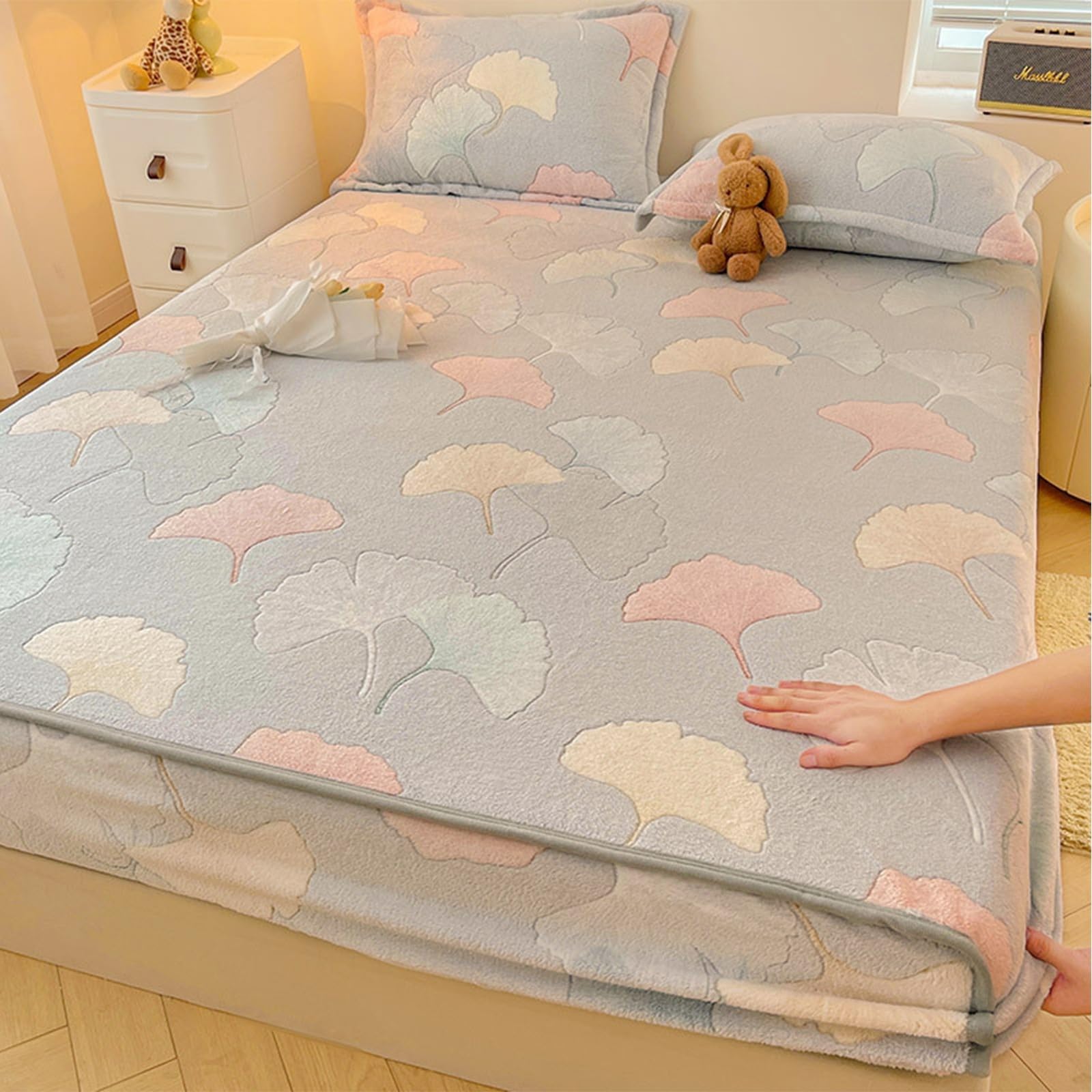 Drap-Housse en Velours Flocon De Neige Queen avec Deux Taies d'oreiller - Drap-Housse éPais Ultra Doux en Peluche à Poils Longs,Drap-Housse Confortable en Flanelle Duveteuse(B,150x200cm)