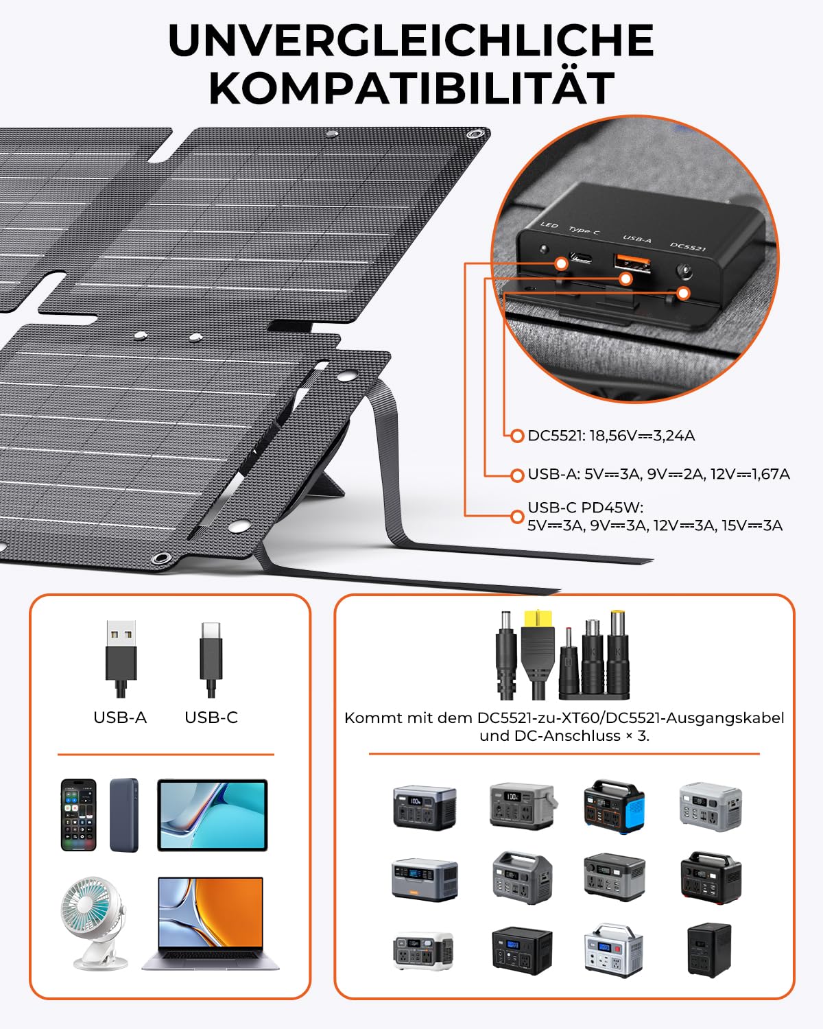 BigBlue 60W Faltbares Solarladegerät, Tragbares ETFE-Solarpanel QC3.0+PD45W+22,2V DC-Ausgang【IP68 Wasserdicht&Winkelständer】für Notstromversorgung Camping Kompatibel mit Smartphone-Tablet-Stromstation