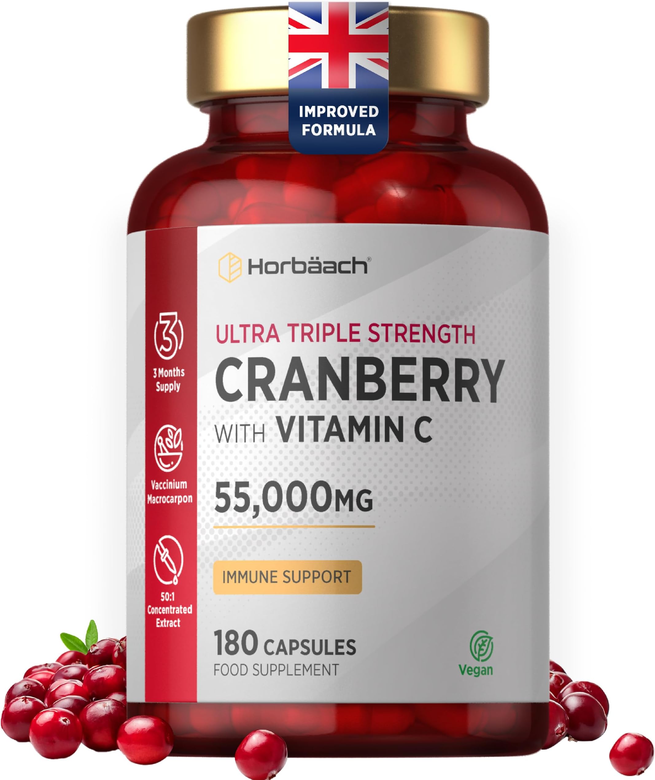 Cranberry Capsules 55,000mg | High Strength Cranberry Extract with Vitamin C | 180 Vegan Capsules | Supplement for Women & Men | by Horbaach