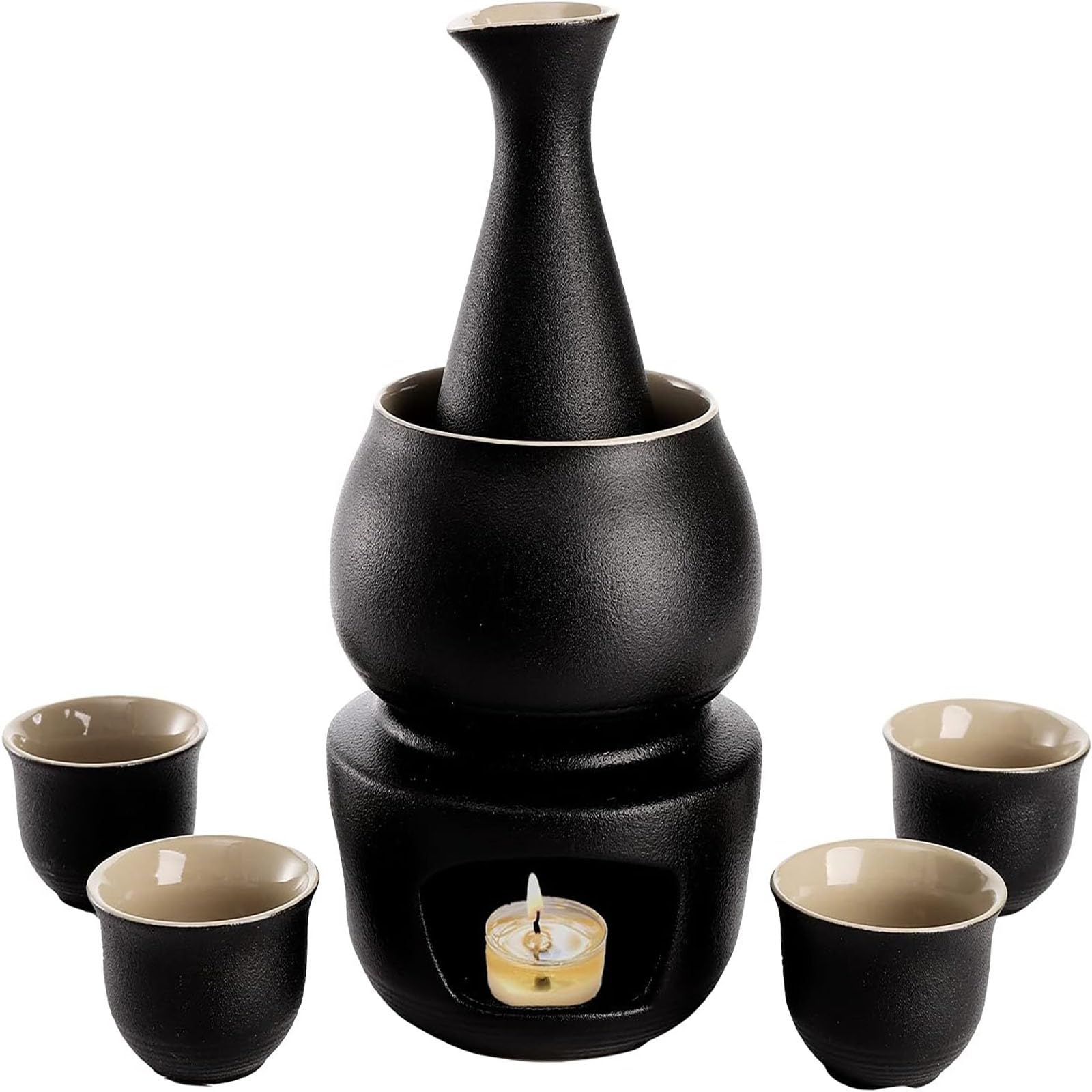 jaffiust Japanese Sake Set with Warmer, Tokkuri Sake Bottle and 4 Ochoko Sake Cups, 7 PCS Black Ceramic Sake Set, Porcelain Pottery Hot Saki Drink Set for Soju Tea