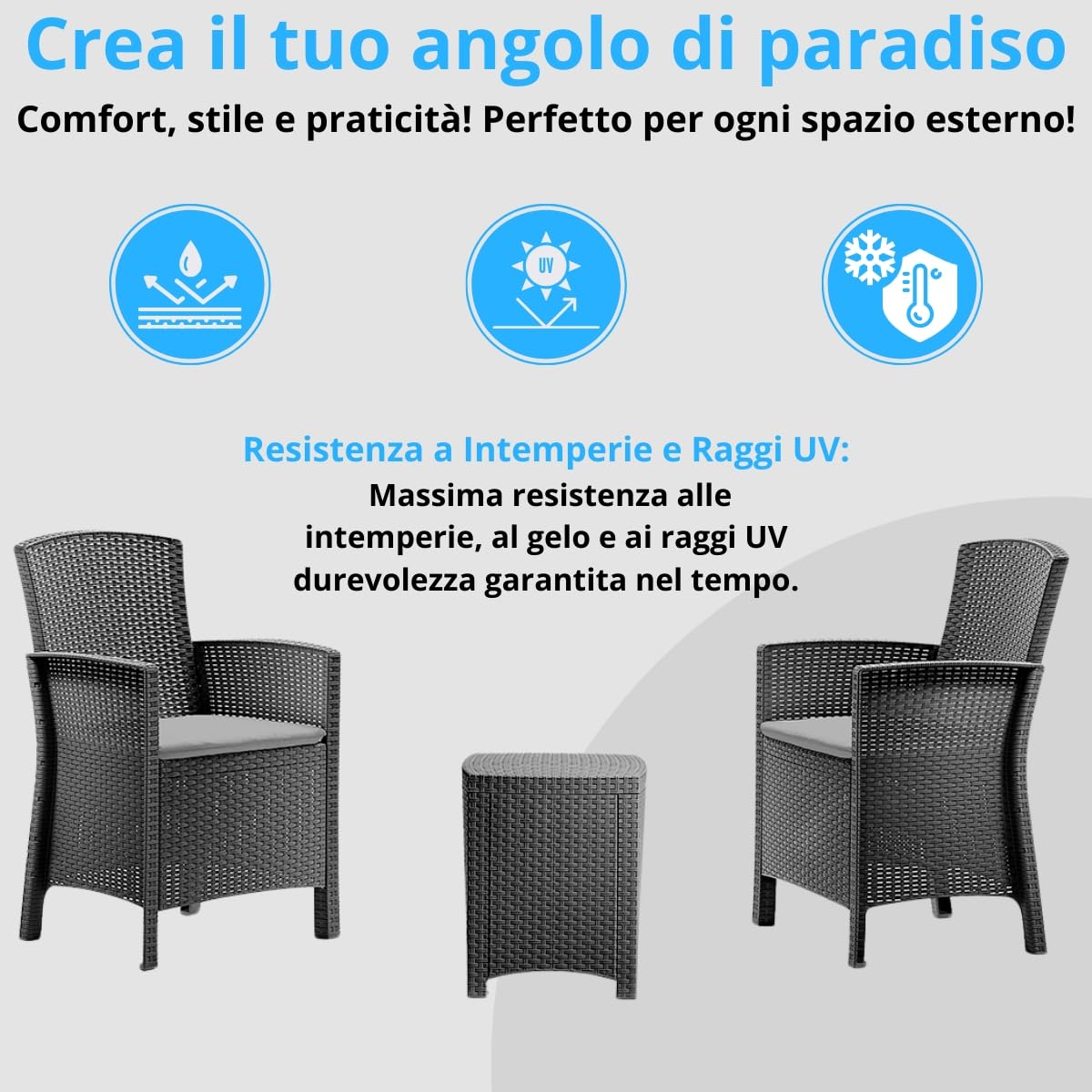 Tomaino - Salotto Da Giardino In Plastica Rattan Con Cuscini Sfoderabili Per Esterno - Set Balcone, Terrazzo Tavolino Con Sedie Resistenti Nero