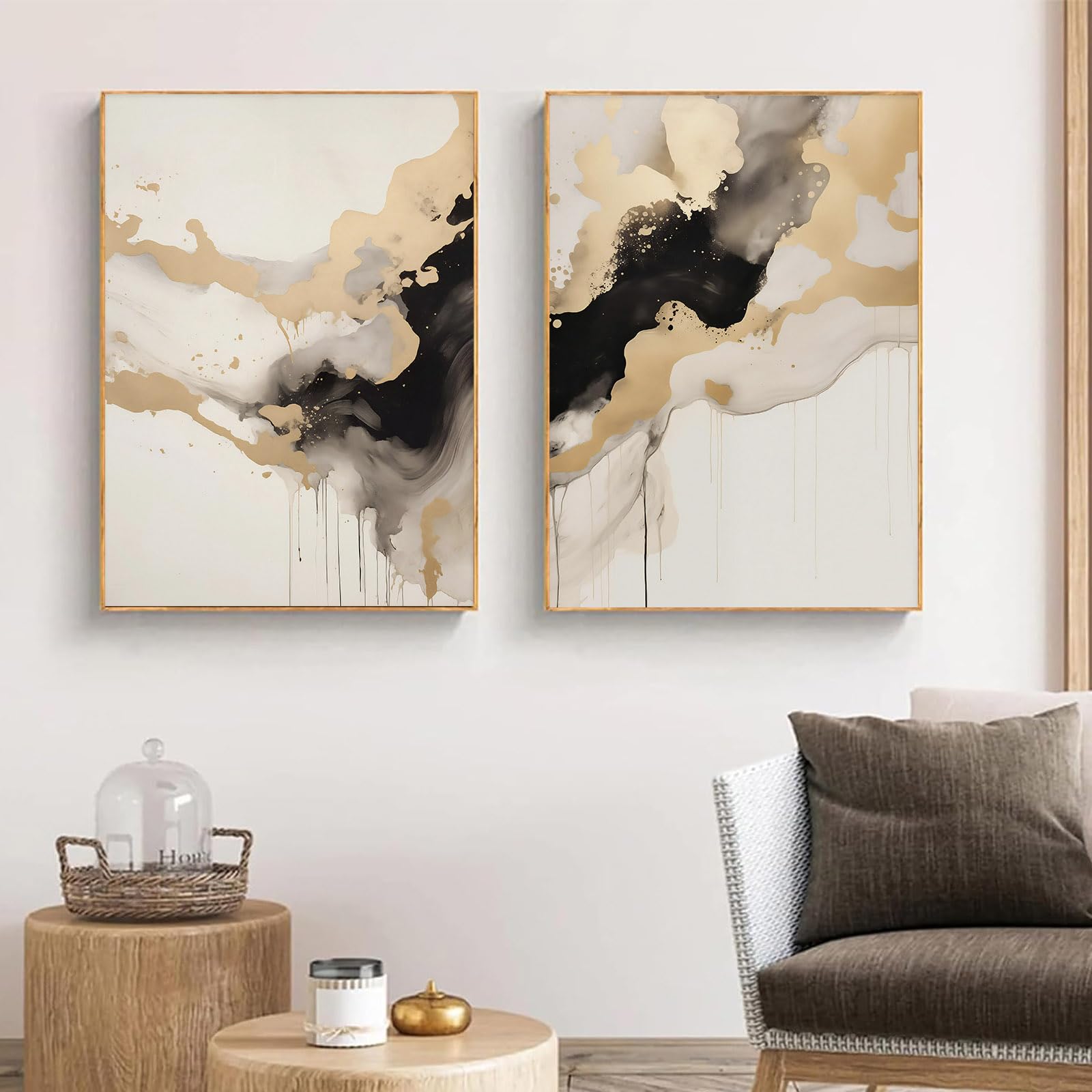 LMYSXAOZ Black and Gold Abstract Marble Wall Art - Modern Foil Beige Watercolor Print with Neutral Ink Design 16x24inchx2 No Frame