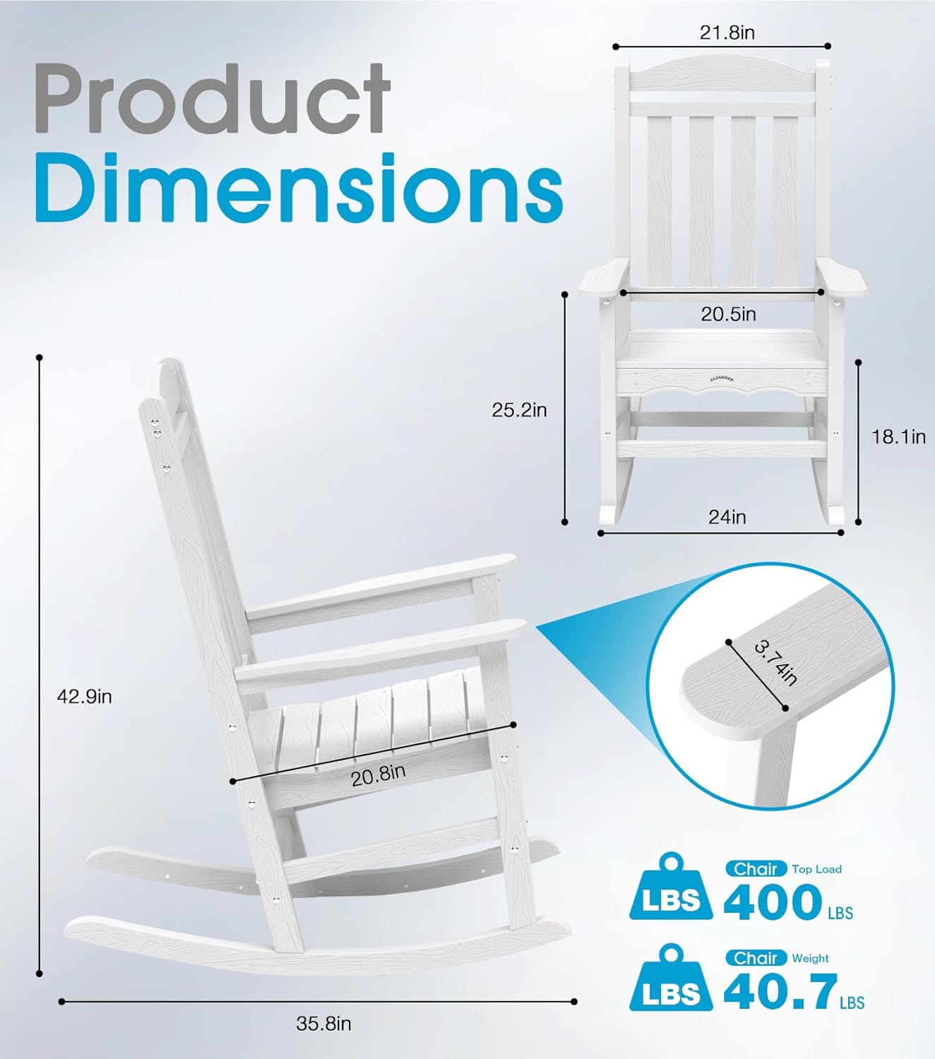 Oversized Outdoor Rocking Chair, High Back Porch Rocker Chair for Adult, HDPE All Weather Resistant Patio Rocking Chairs, White