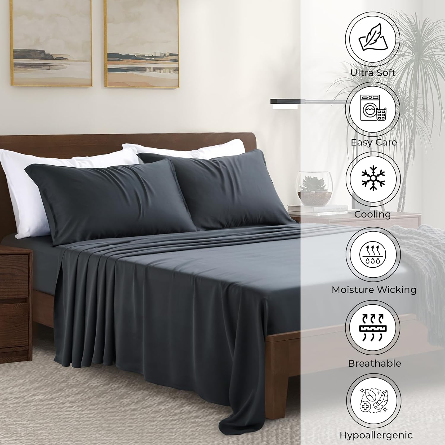 Luxury Bamboo Market | King Size Bed Sheet Set | 100% Viscose Made from Bamboo | Organically Grown | Ultra Soft | Cooling Sheets for Hot Sleepers | 17" Deep Pocket [Charcoal Grey] - Image 2