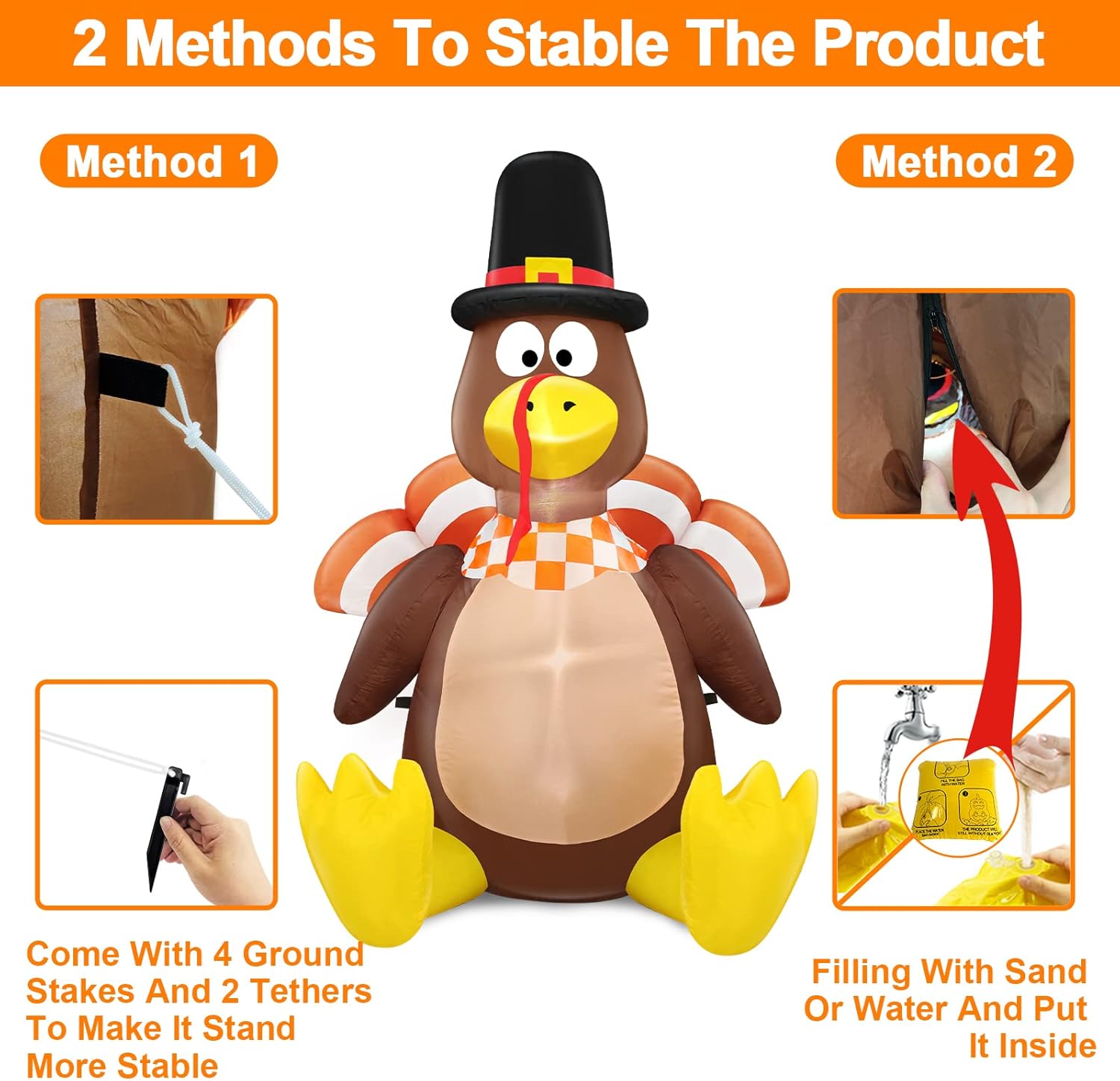 TURNMEON 4 Ft Thanksgiving Inflatables Decoration Outdoor Blow up Turkey with Pilgrim Hat Built-in LED Lights Fall Thanksgiving Decorations Home Outside Yard Lawn Garden Holiday Autumn Decor Indoor