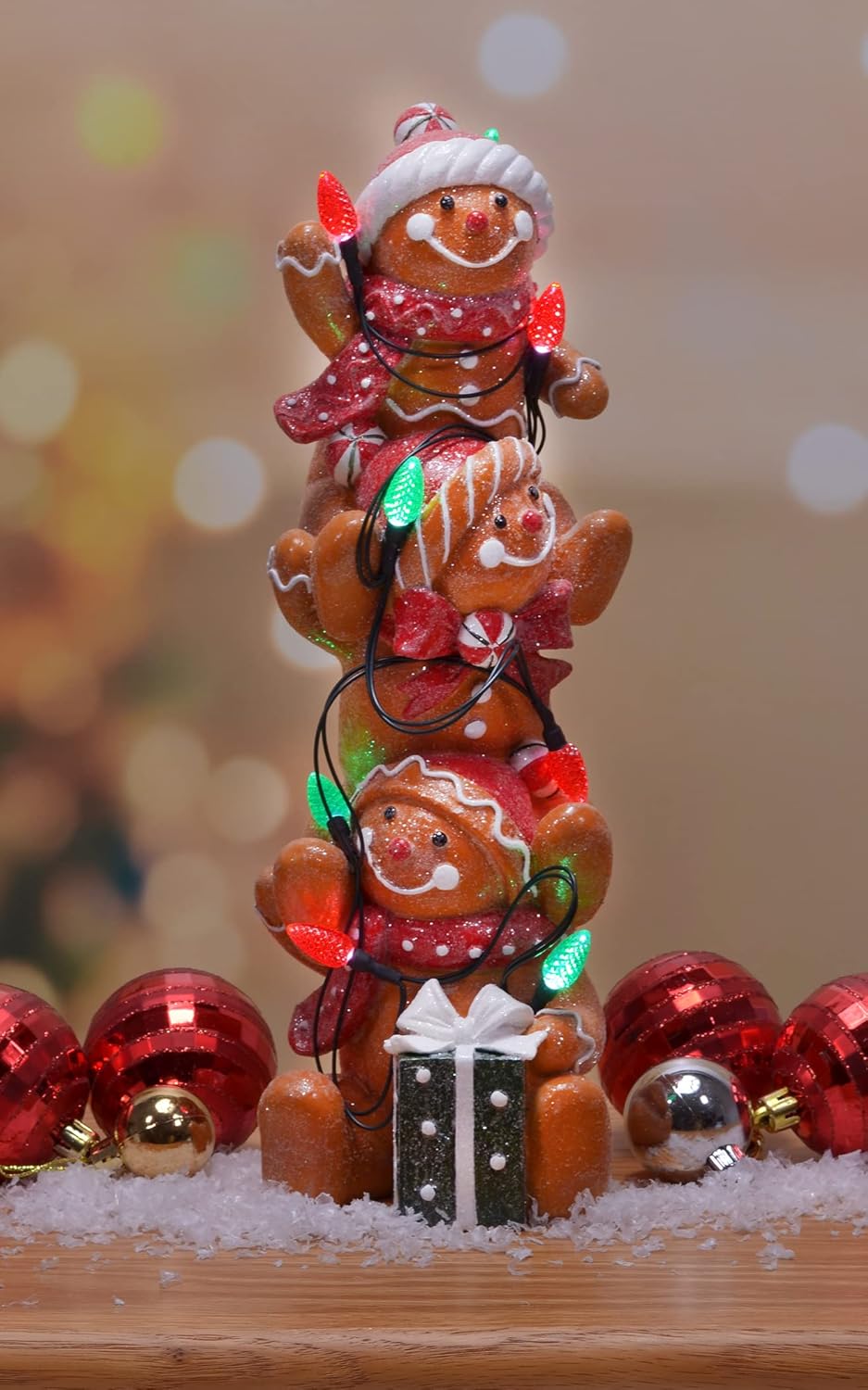 Mark Feldstein & Associates Holiday Stacked Gingerbread Men Tabletop Figurine Decor with LED C7 Bulbs, 12 Inch - Image 3