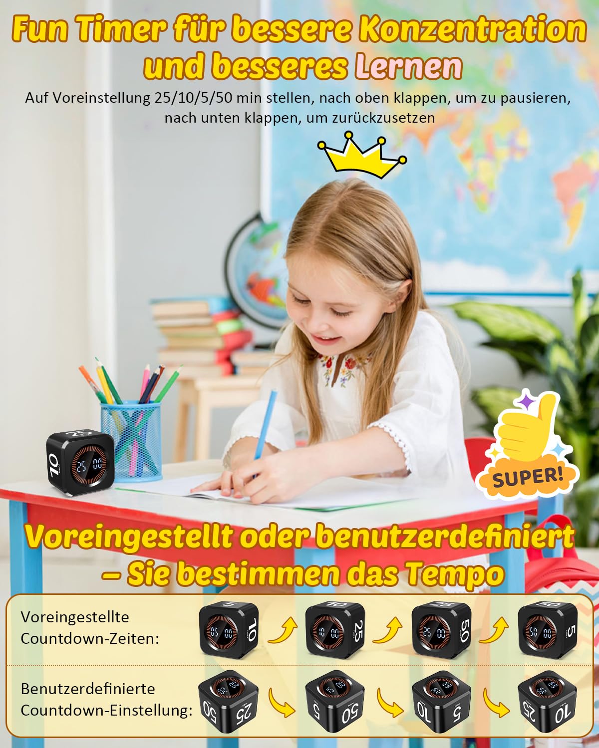 Pomodoro Timer Cube, Visueller Würfel-Timer für Kinder, Digitale LED Drehbarer Timer mit 5/10/25/50 Min & Custom Countdown, Lautlos/Ton Modi, USB-C für Lernen, Arbeit, Küche, ADHS (Schwarz)
