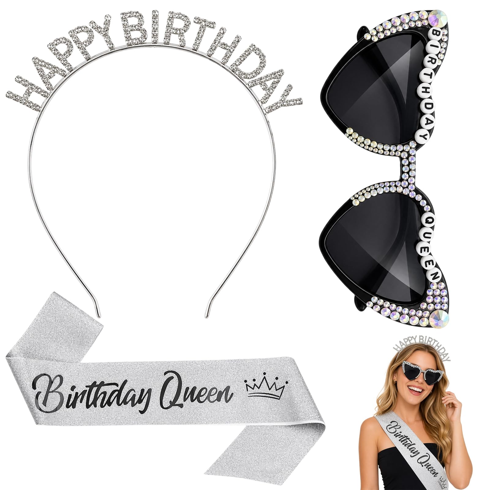 Rndqw Birthday Sash for Women,3 PCS Birthday Accessories Set
