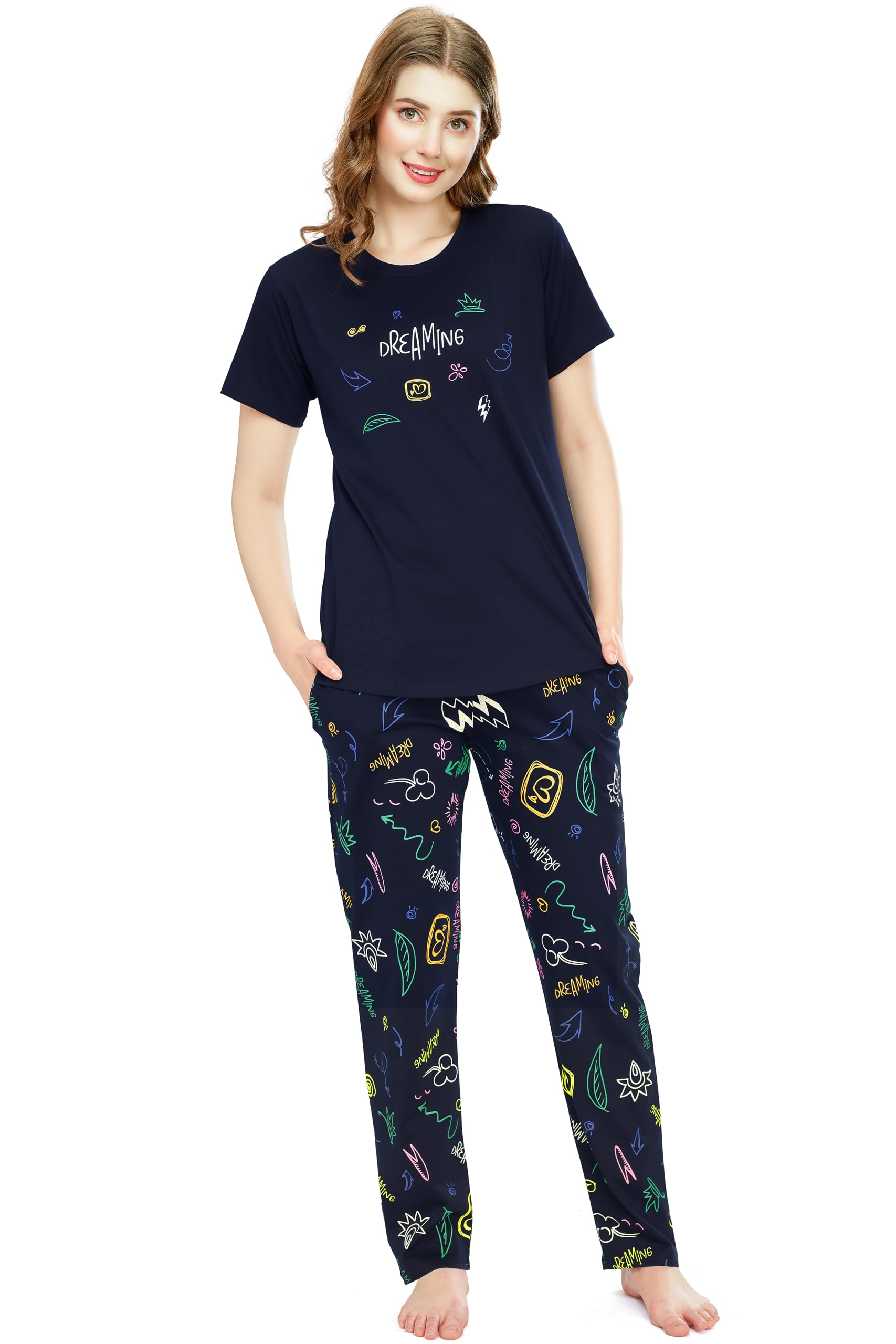 Night Suit for Women's Printed Cotton Night Dress of Top and Pajama Set 5774