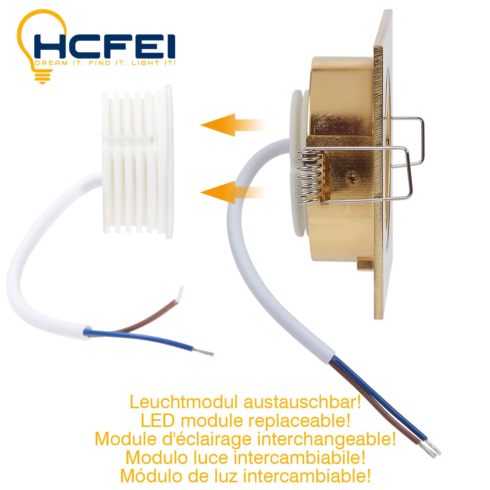 HCFEI LED Einbaustrahler ultra Flach | 425 Lumen | 230V 5W | Dimmbar | Gehäuse Eckig | Schwenkbar | Gold farbig (10er - Warmweiß)