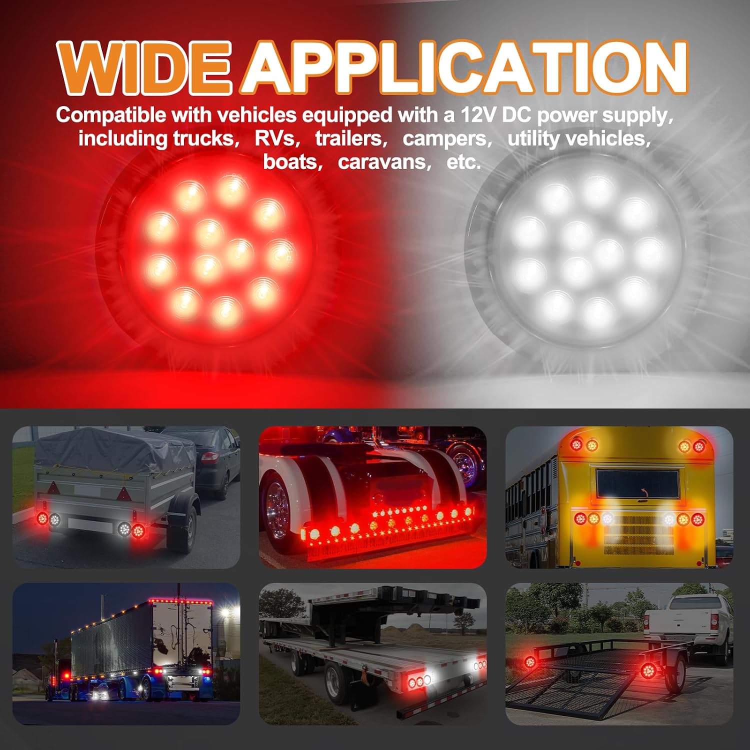 4PCS 4'' Round Led Trailer Tail Lights Kit（2 Red + 2 White）, 4 Inch 12 LED Stop Brake Turn Backup Reverse Running Lamps for Truck Semi Trailer RV Jeep, w/Grommets, 3-Prong Wire Pigtails