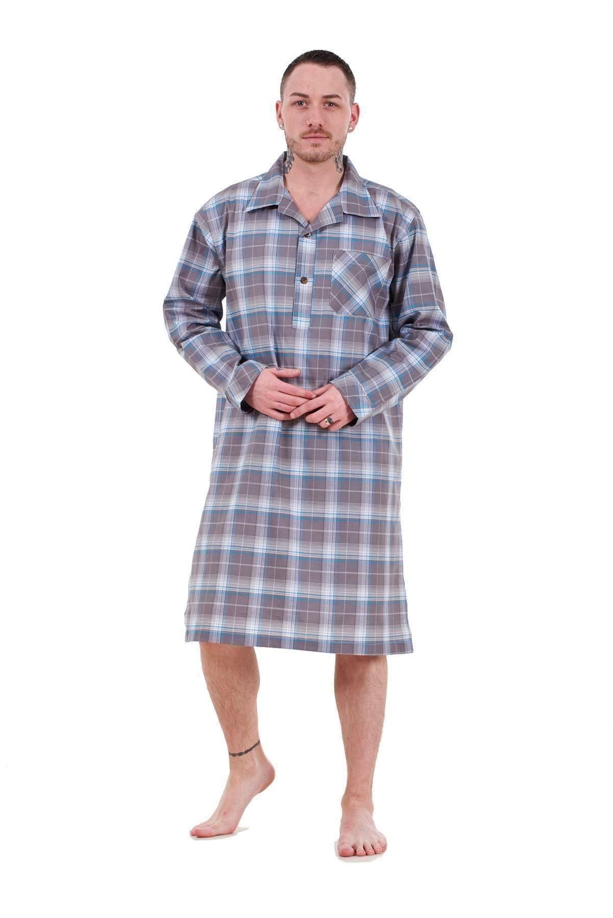 Malay Mens Nightshirts Woven Check Cotton Blend Loungewear Regular Big Size M to 5XL Charcoal Grey