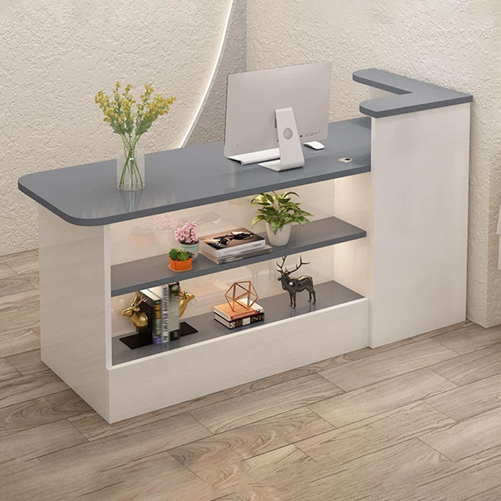 Comptoir De Réception, Table De Réception, Réception avec Lumières, Comptoir Avant avec Tiroirs Verrouillables, Comptoir Caisse avec Étagère De Présentation(White+Gray A,100cm/39.3in)