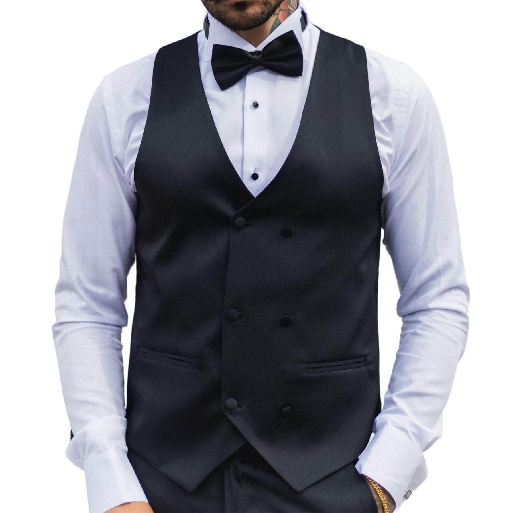 Truclothing Men's Black Satin Double Breasted Waistcoat Tie Dinner Vest - 46