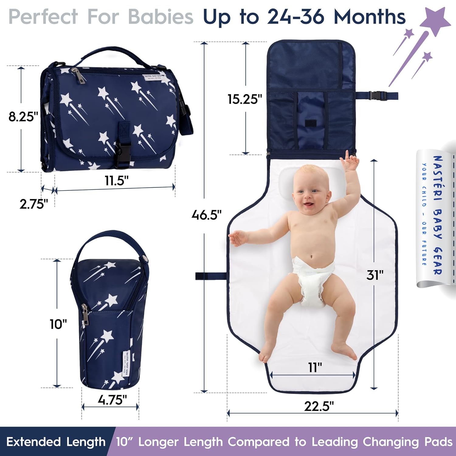 Nasteri Baby Gear Extra Large Portable Baby Changing Pad with Memory Foam Pillow & Insulated Bottle Bag - Waterproof Portable Changing Station for Girls & Boys - Navy - Image 3
