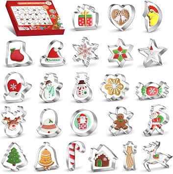 24PCS Christmas Cookie Cutter Set, Stainless Steel Xmas Biscuit Cutter Mold, DIY Baking Pastry Tool Small Biscuit Mold, Snowman Christmas Tree Gingerbread Man Snowflake Candy & More Shapes for Baking