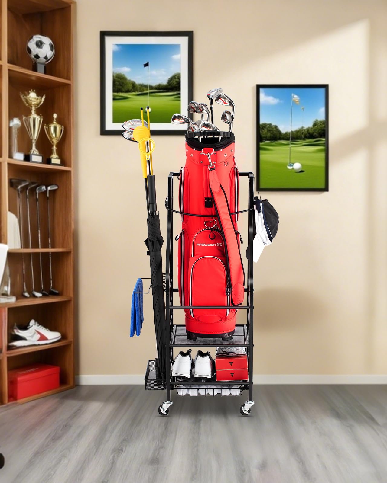 FHXZH Organizador de Almacenamiento para Bolsas de Golf, Soporte para Bolsas de Golf Individuales, Palos y Accesorios de Equipo con Ruedas