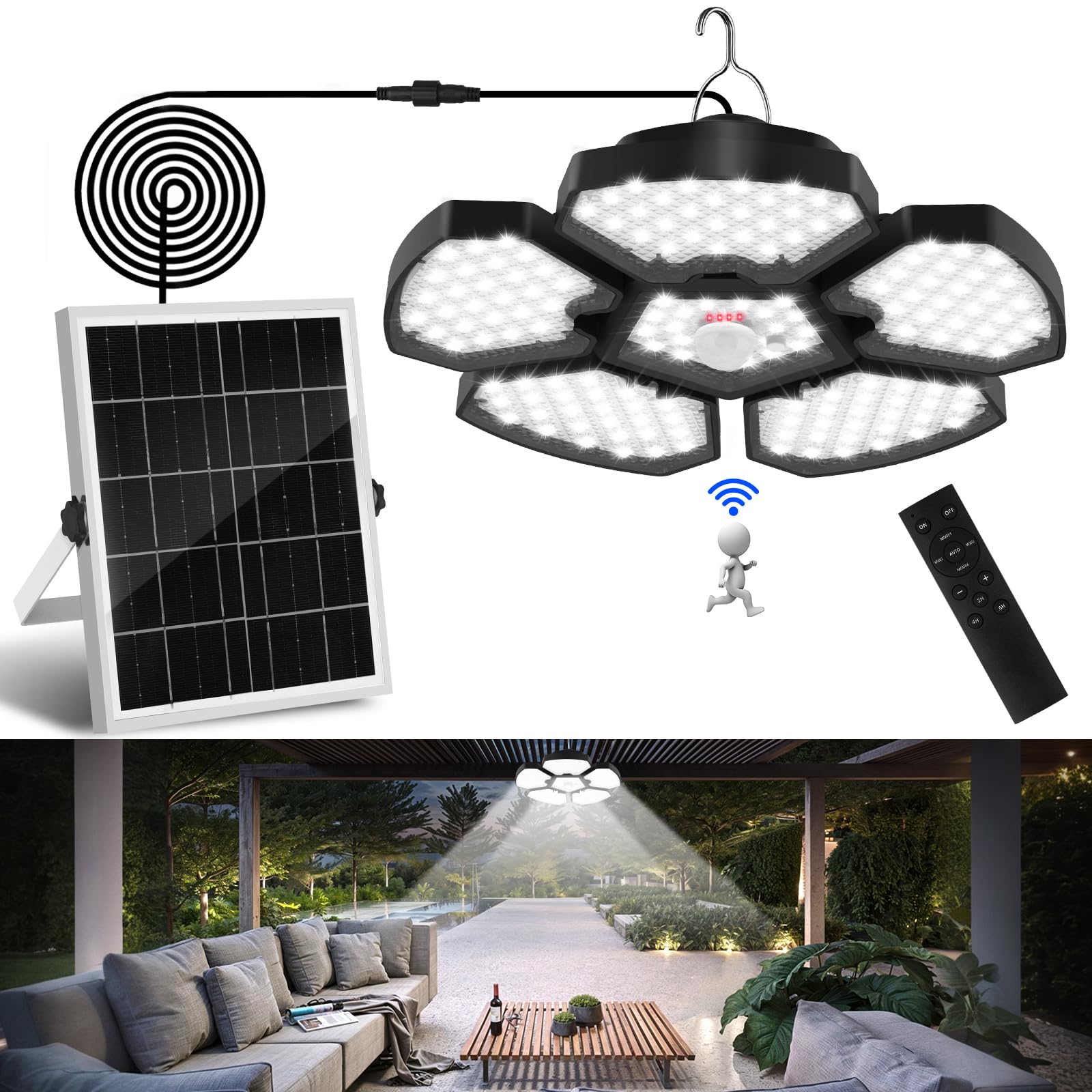 T-SUNUS Lámparas Solares Colgantes Exterior, Luz Solar Exterior Interior Sensor Movimiento, 5 Modos Iluminación Temporizador Memoria 4 Brillo IP65 Impermeable, para Terraza Casa Garaje Balcón Jardín
