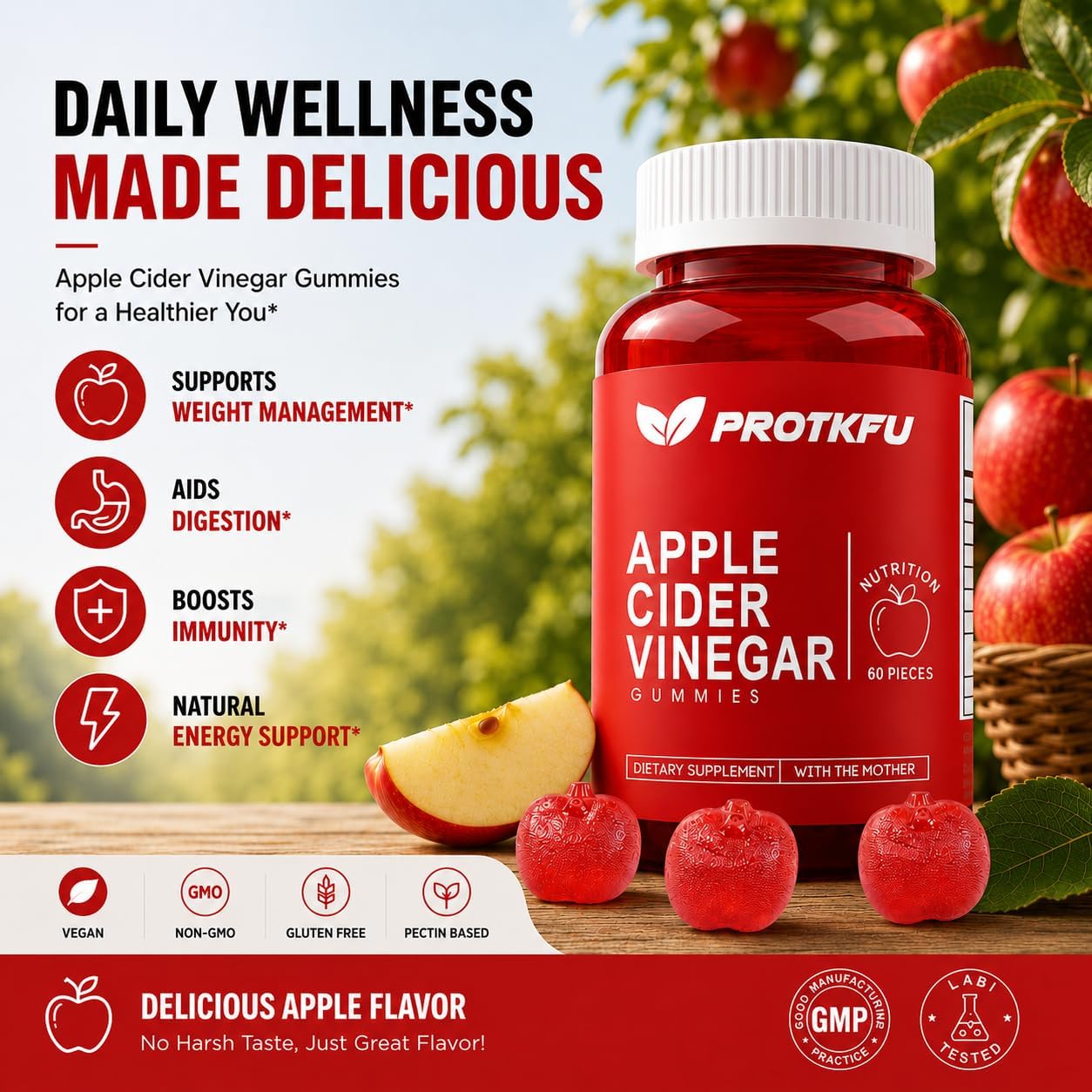 ProTKFU Gomitas Vinagre Manzana 1000mg | 120 Unidades | Con B12 y B6 | Apoya Metabolismo y 4