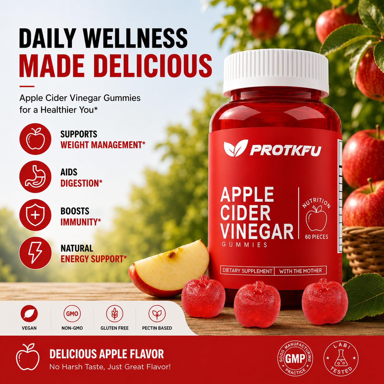 ProTKFU 1000mg Apple Cider Vinegar Gummies, 120 Count | ACV Gummies with Vitamin B12 & B6, Supports Metabolism, Digestive, Immune Health, Vegan, Gelatin-Free — Amazon image 3