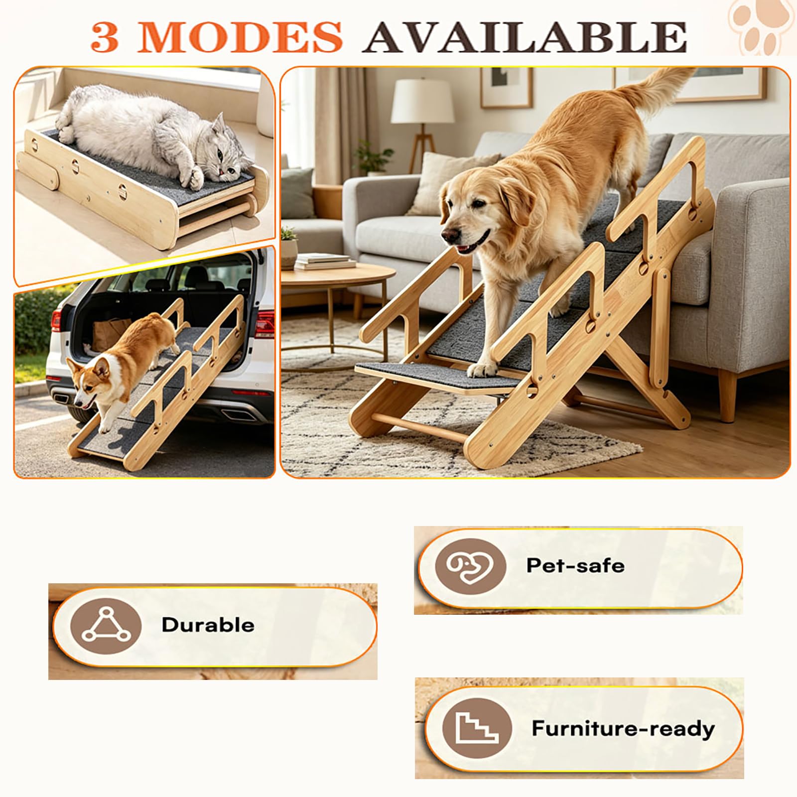Escaleras y rampa para Perros, escaleras Plegables para Mascotas | Altura Ajustable para Sofá Cama, Rascador de Fieltro Antideslizante, Rampa de Madera Plegable para Gatos Perros(Four-Tier)