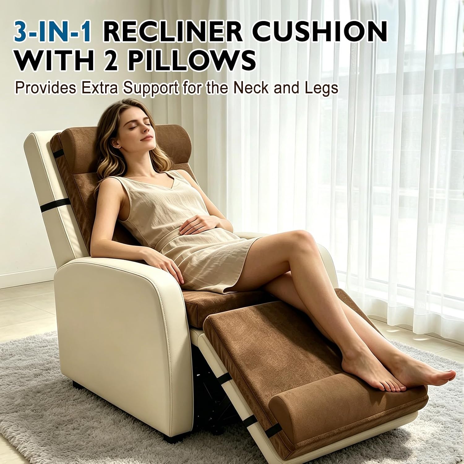 5-in-1 Recliner Egg Crate Foam Seat Cushion with 27'' High Back,Footrest and 2 Adjustable Half Moon Pillows, Non-Slip Recliner Pads with Velvet Cover for Elderly, Brown
