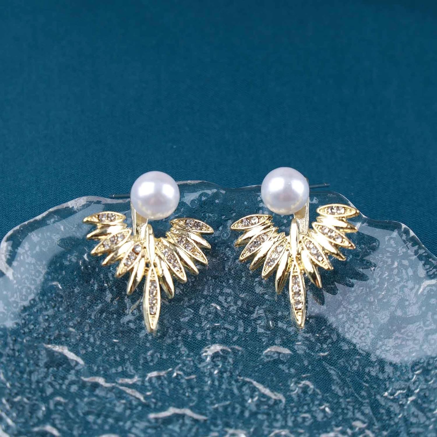 Andelaisi Boho Pearl Stud Earrings Vintage Crystal Wing Ear jacket Earrings Gold Wing Pearl Earrings Personalized CZ Feather Earrings Jewelry for Women - Image 4