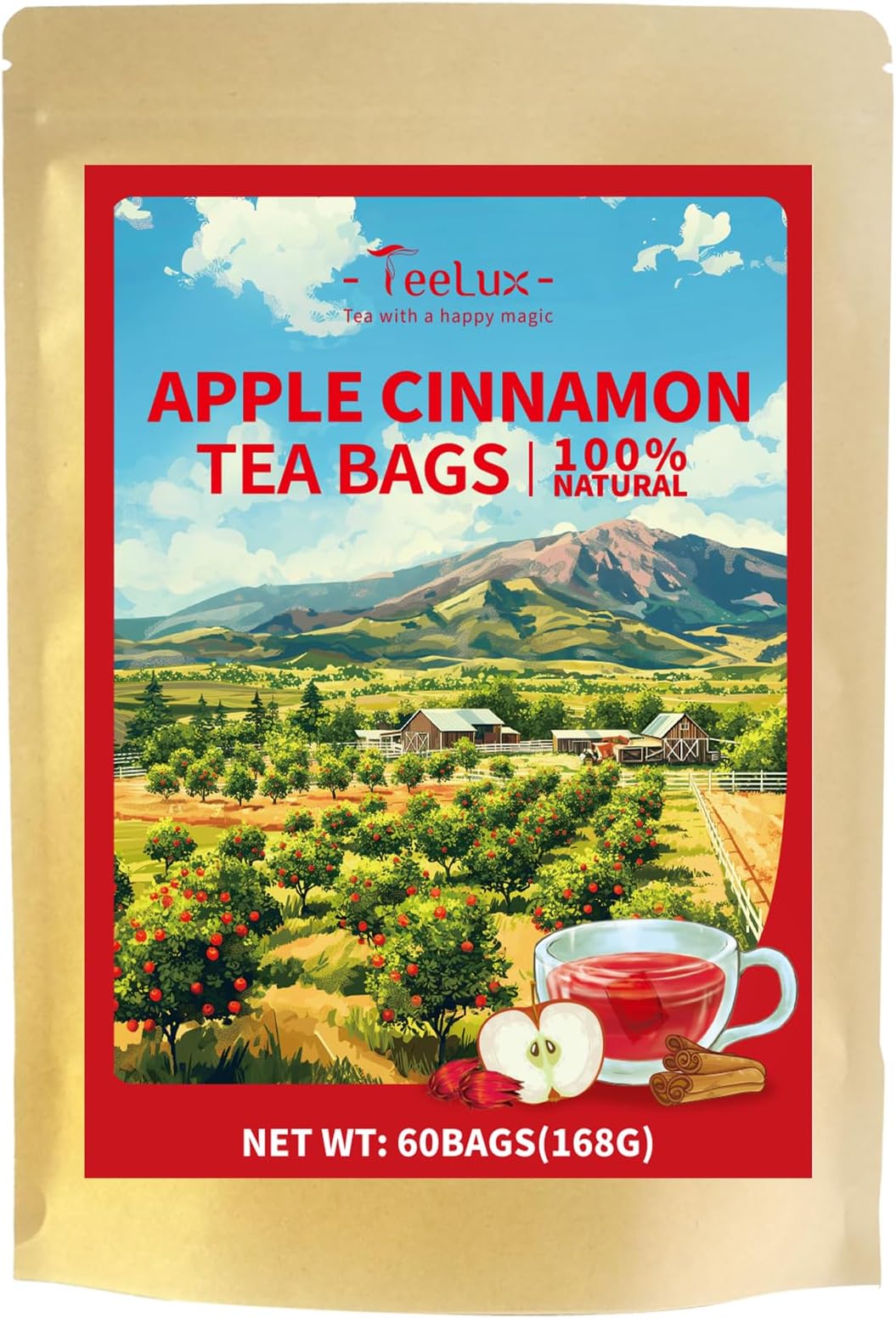 TeeLux Apple and Cinnamon Tea Bags 60 Count, Vegan, Aromatic, Caffeine Free, Fruit and Herbal Tea, for Hot or Iced Tea, Biodegradable Tea Bags