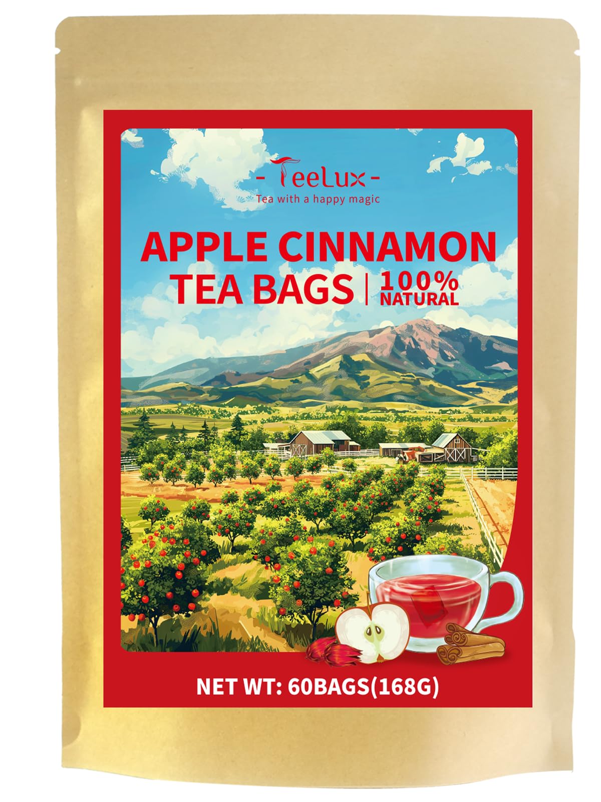 TeeLuxApple and Cinnamon Tea Bags 60 Count, Vegan, Aromatic, Caffeine Free, Fruit and Herbal Tea, for Hot or Iced Tea, Biodegradable Tea Bags