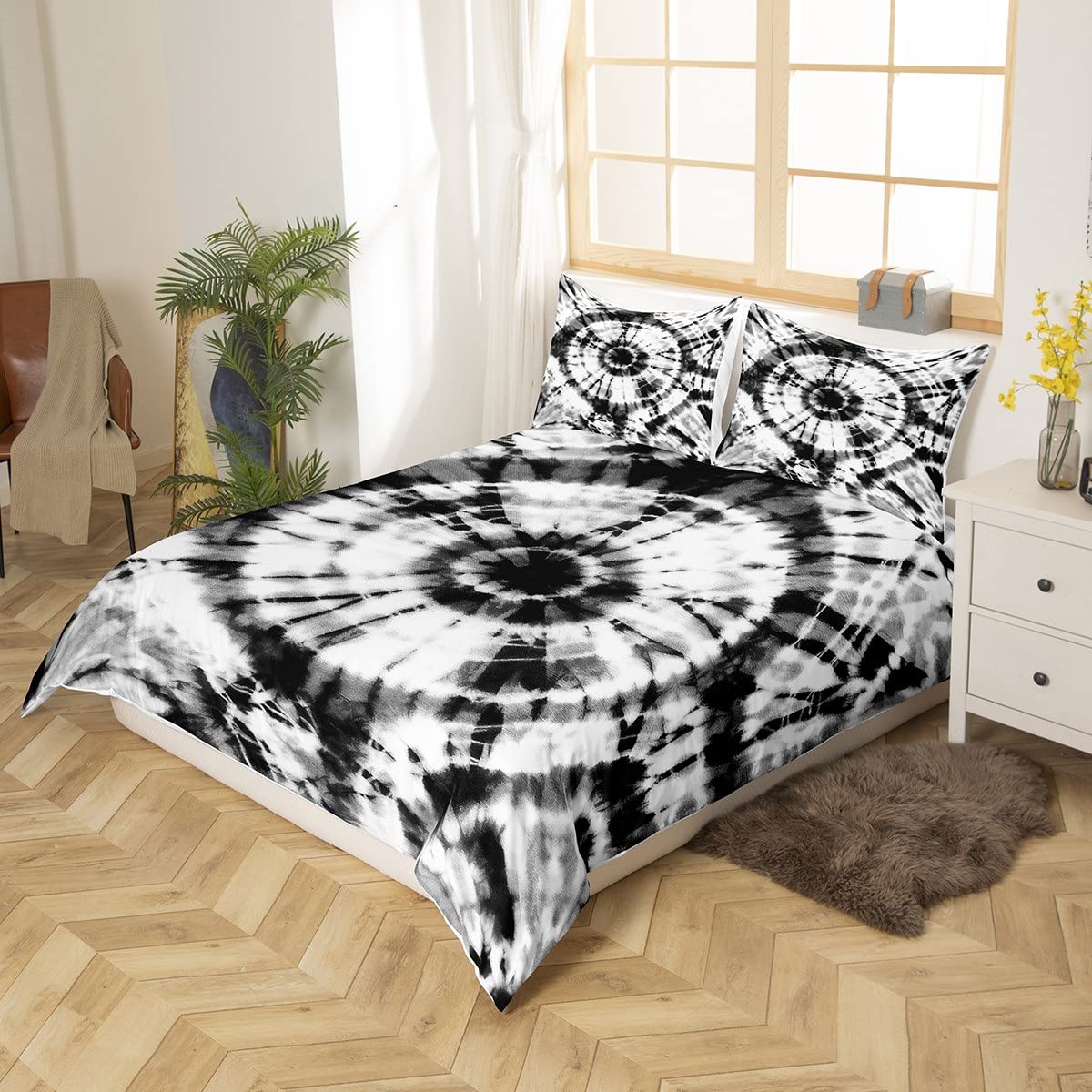 Tie Dye Comforter Cover Double Size Black and White Circular Print Duvet Cover Watercolor Tie Dyed Bedding Set 3pcs for Girls Children Present Boho Hippie Bedspread with 2 Pillowcases - Image 3