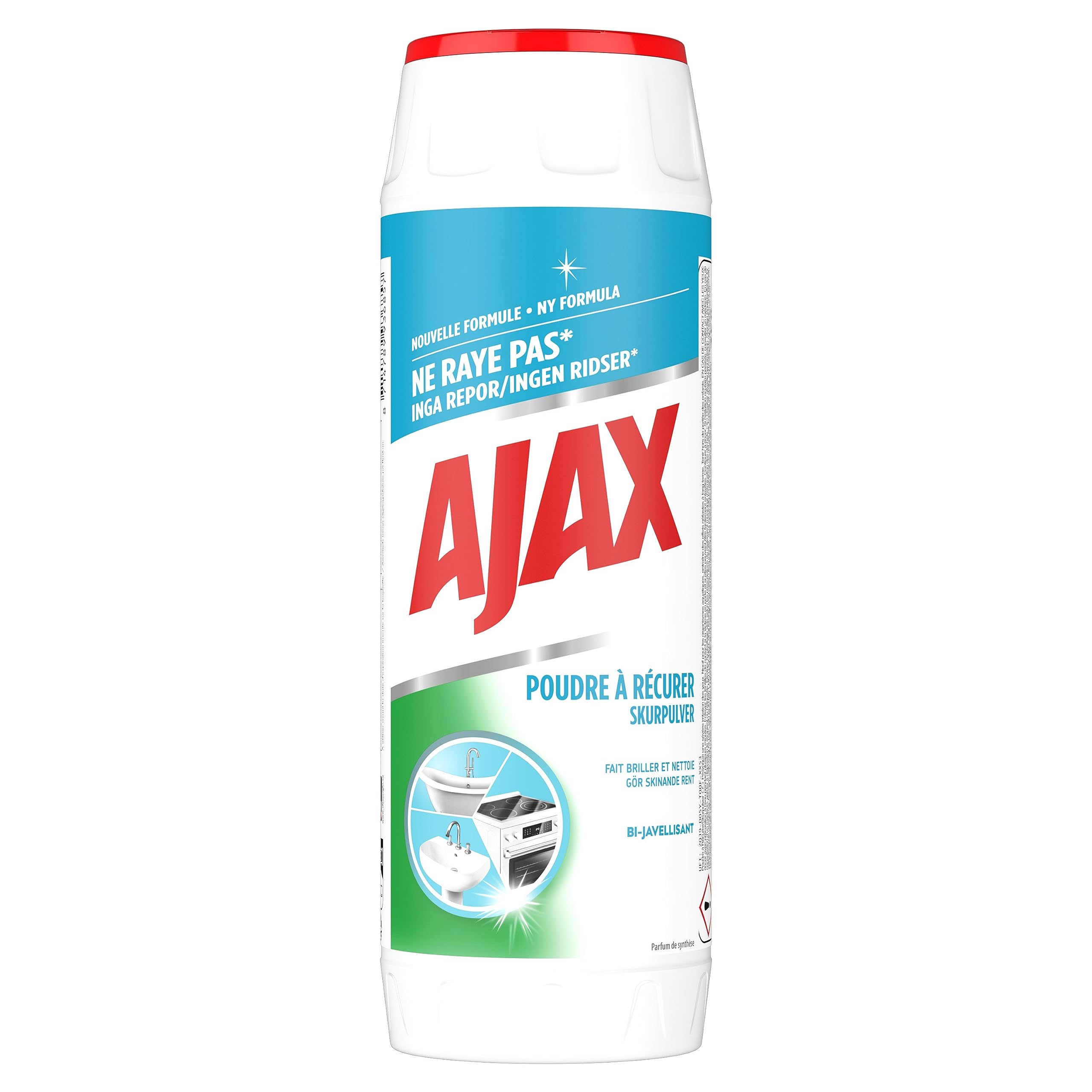 AJAX Poudre à Récurer Bi-Javellisant pour Elimine Les Tâches de Graisse Tenaces, La Saleté et Le Calcaire, 750 g