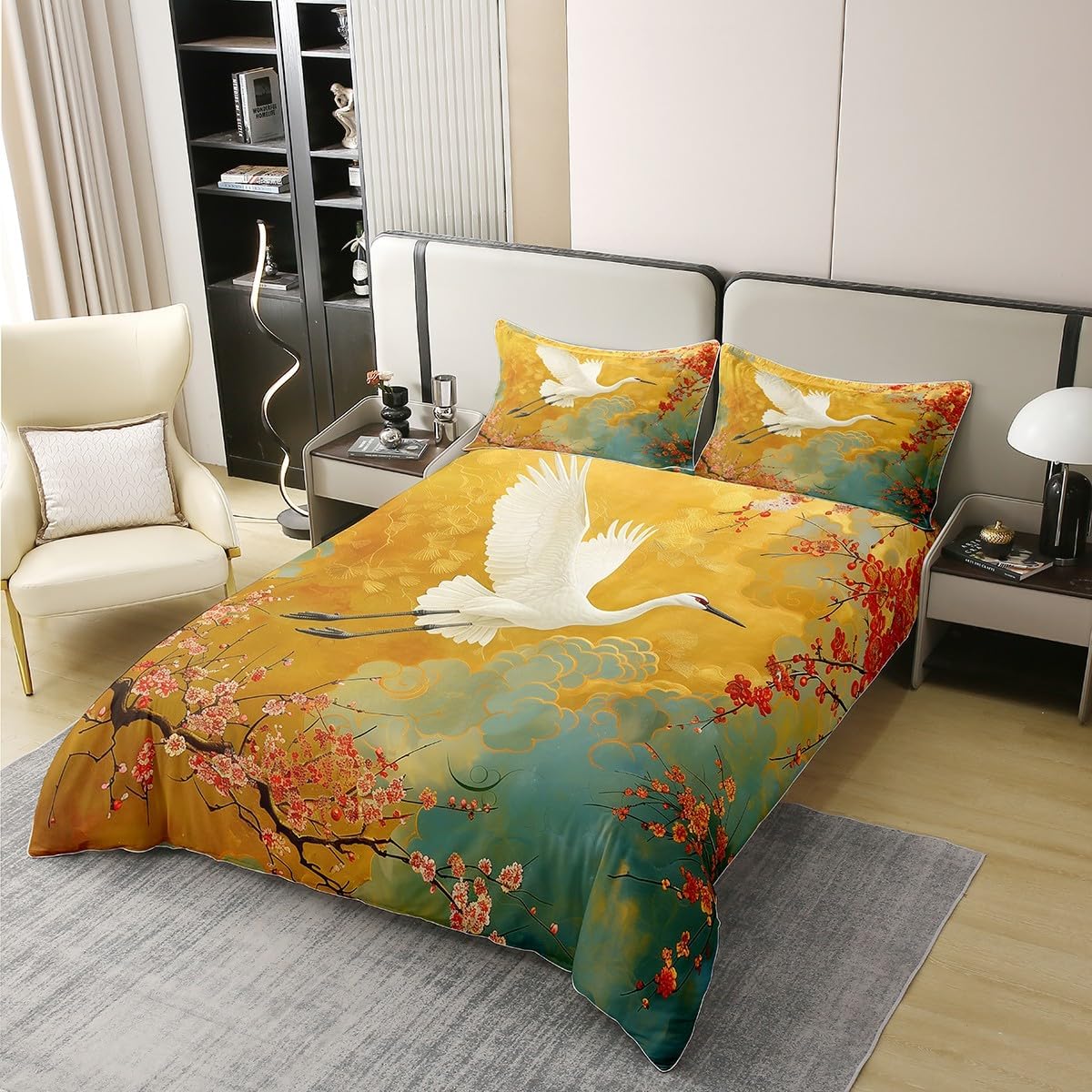 Erosebridal Crane Bird 100% Cotton Bedding Set King Size Plum Bossom Bedclothes for Kids Men Women Floral Japanese Ukiyo-E Teal Blue Yellow Comforter Cover Soft Comfy Duvet Cover