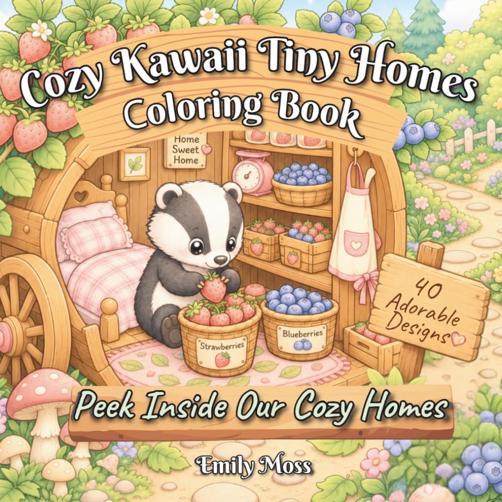 Cozy Kawaii Tiny Homes Coloring Book: 40 Adorable Animal Hideaways in Boots, Baskets, Lanterns, Shells and More for Kids, Teens and Adults