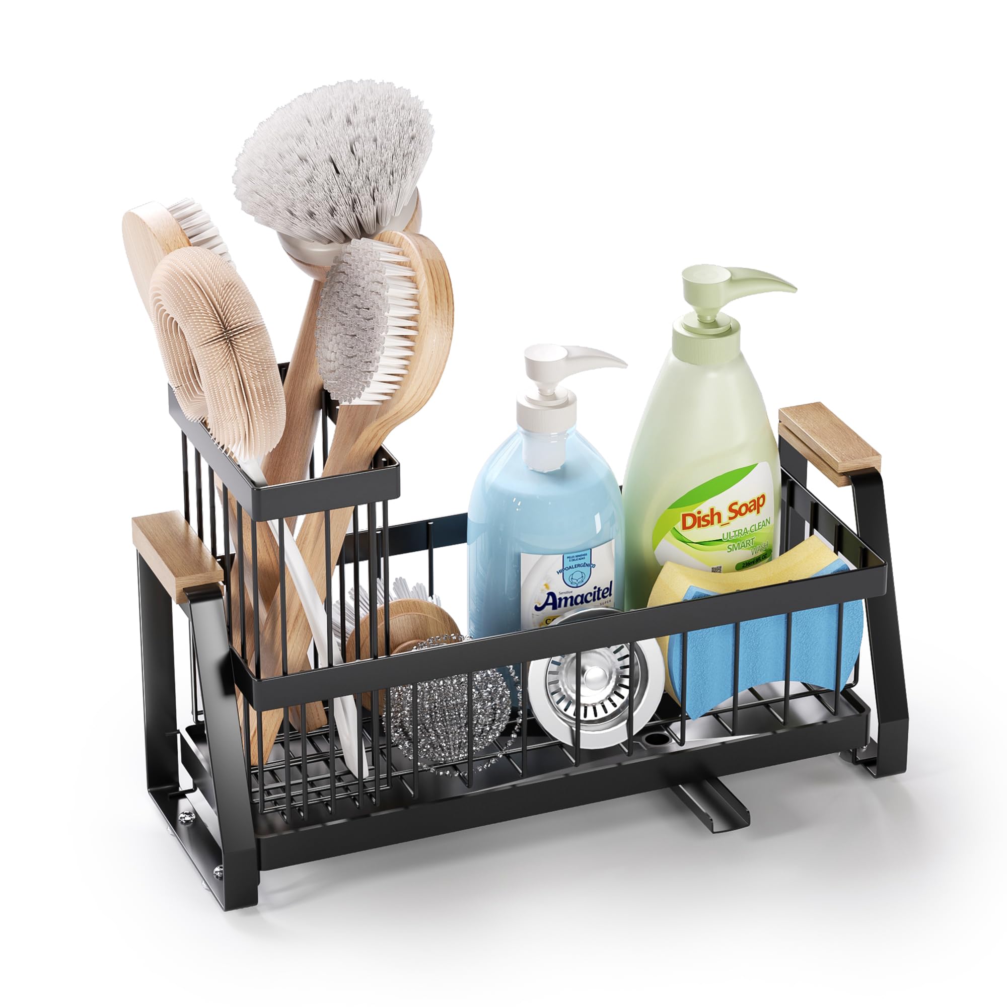Sink Caddy Organizer with Wooden Handle Self-Draining Tray Trapezoid Kitchen Sponge Holder with Non-Slip Suction Cups Organizer for