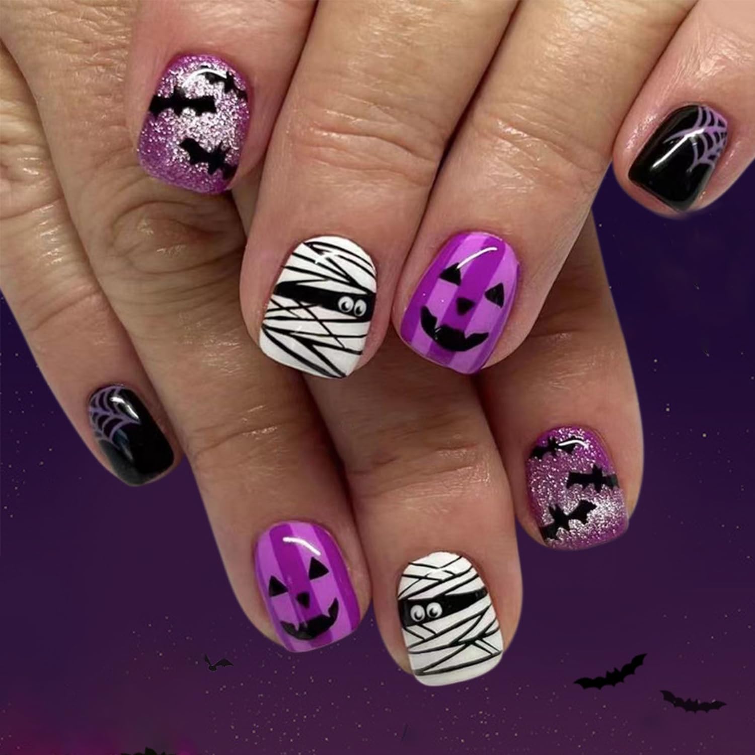 Halloween Press on Nails Purple Fake Nails Short Square False Nails Black Bat Ghost Spider Web Design Flash Glitter Glue on Nail Cute Full Cover Acrylic Stick on Nail for Women Manicure Supplies