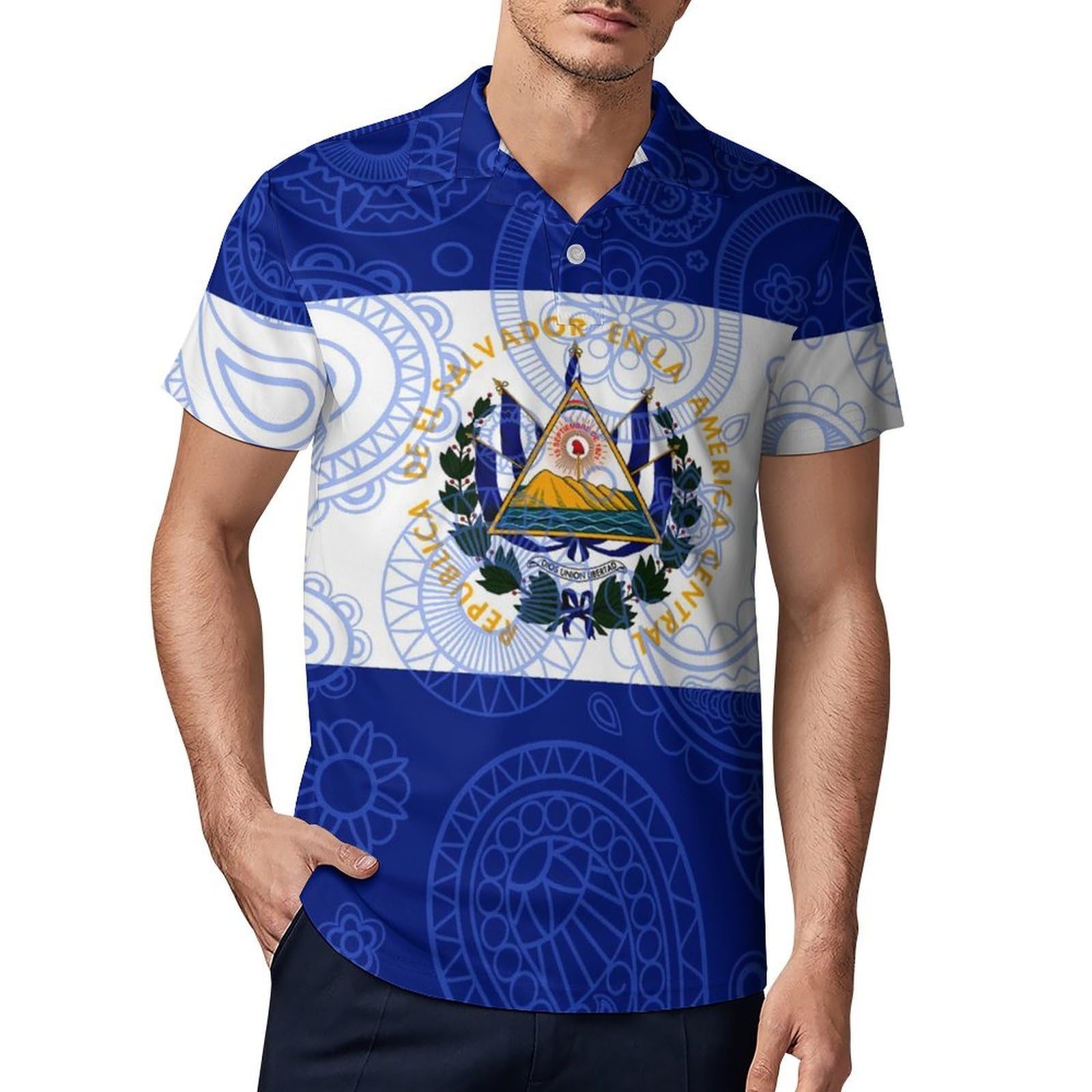 El Sal-vador Flag Paisley Pattern Novelty Men's Short Sleeve Shirts Funny Golf Tennis Work T-Shirt Sport Tee 3XL