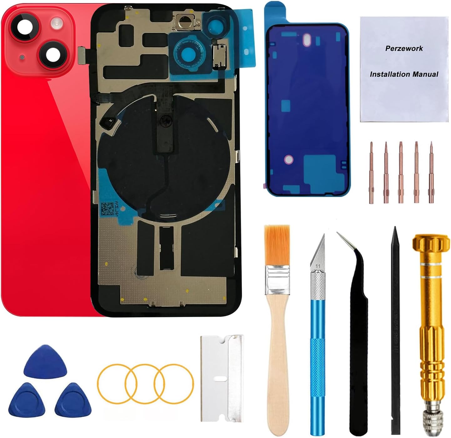 Rear Back Glass Replacement for iPhone 14 6.1-inches with Reparing Toolkit and All Necessary Parts (Red)