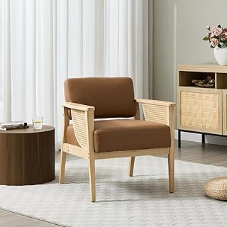 Mid Century Modern Accent Chair, Rattan Armchair with Wood Legs Living R...