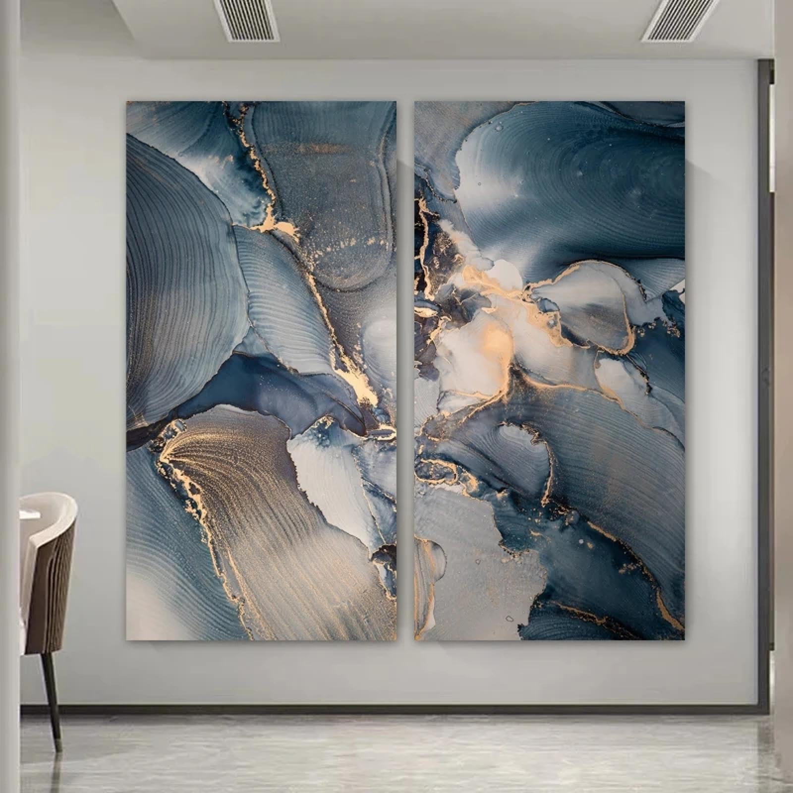 Triptyque peintures grande taille marbre bleu doré abstrait 60x120 - 8