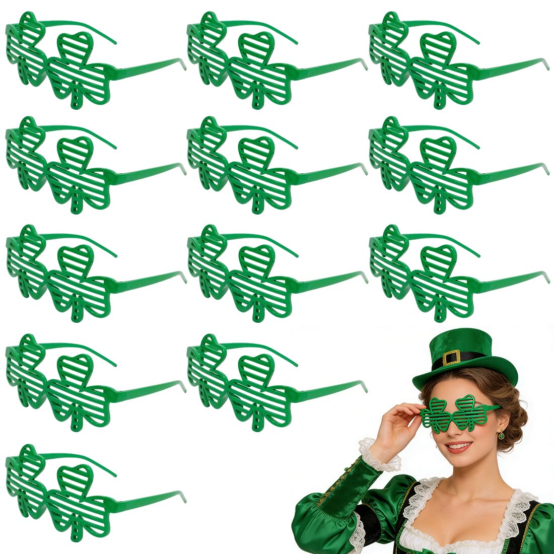 YULZAK 12 Pieces Green Clover Glasses Children,For St Patricks Day Accessories,Photo Props,Party Gifts for Men Women and Friends