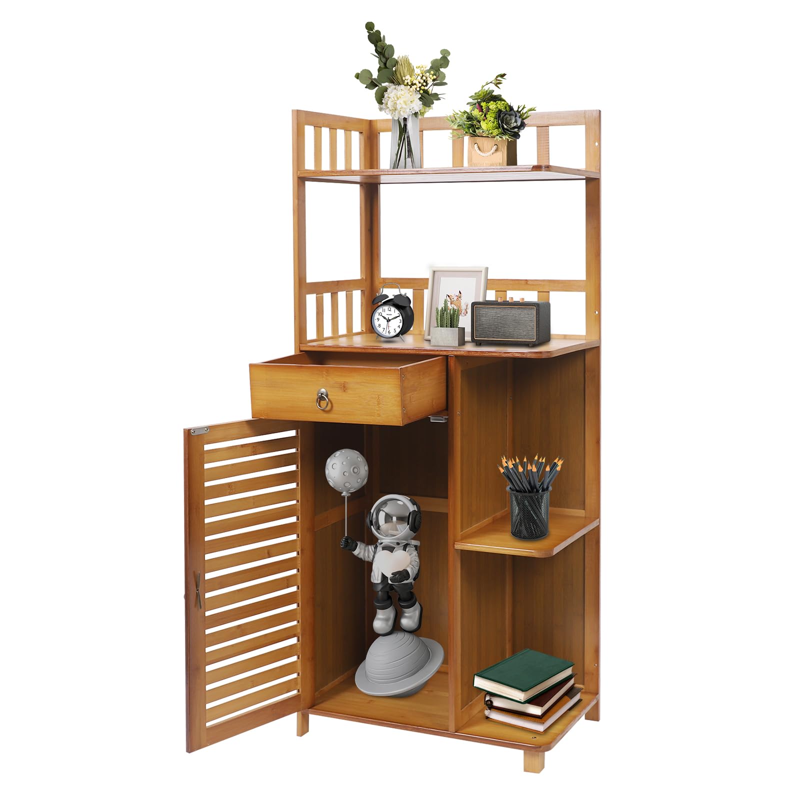 Étagère d'angle étroite à 4 étages, avec 1 tiroir et 1 compartiment avec porte, étagère sur pied en bambou, rangement polyvalent, 50 x 30 x 121 cm, couleur thé