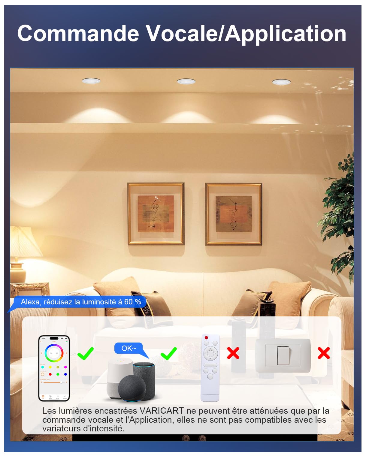 Spot LED Encastrable Dimmable Alexa, 6 x 10W RGB Smart Bluetooth Spot Encastrable LED Multicouleurs Blanc Chaud 2700K 1000LM, Des spot LED Extra Plat Pour de Nombreuses Scènes, Contrôle APP