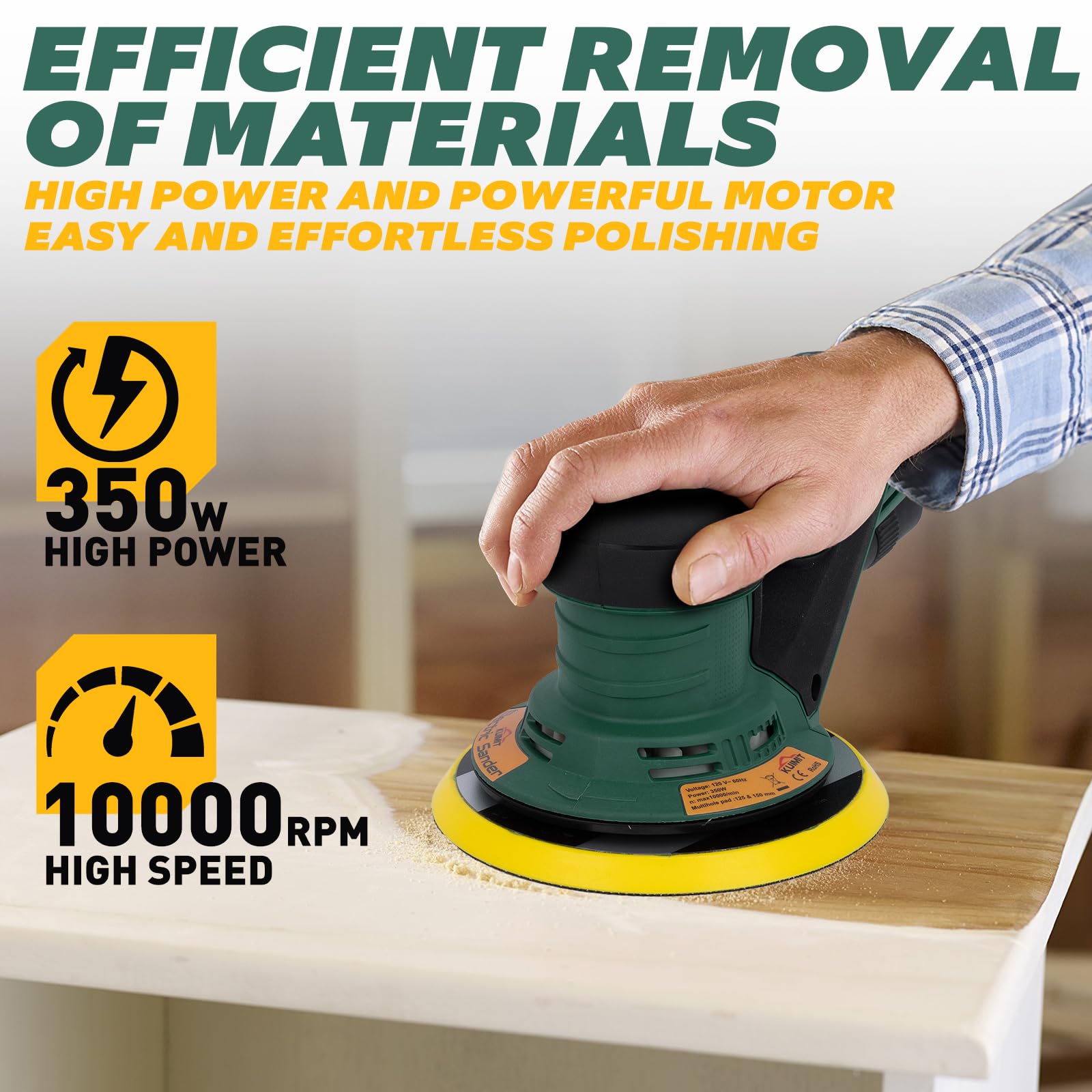 Lijadora Excéntrica, 350W Lijadora Orbital Electrica con Almohadillas Dobles de 125/150mm, Velocidad Variable de 4000-10,000 RPM, para Trabajar y Pulir Madera en Suelos, Proyectos de Automoción